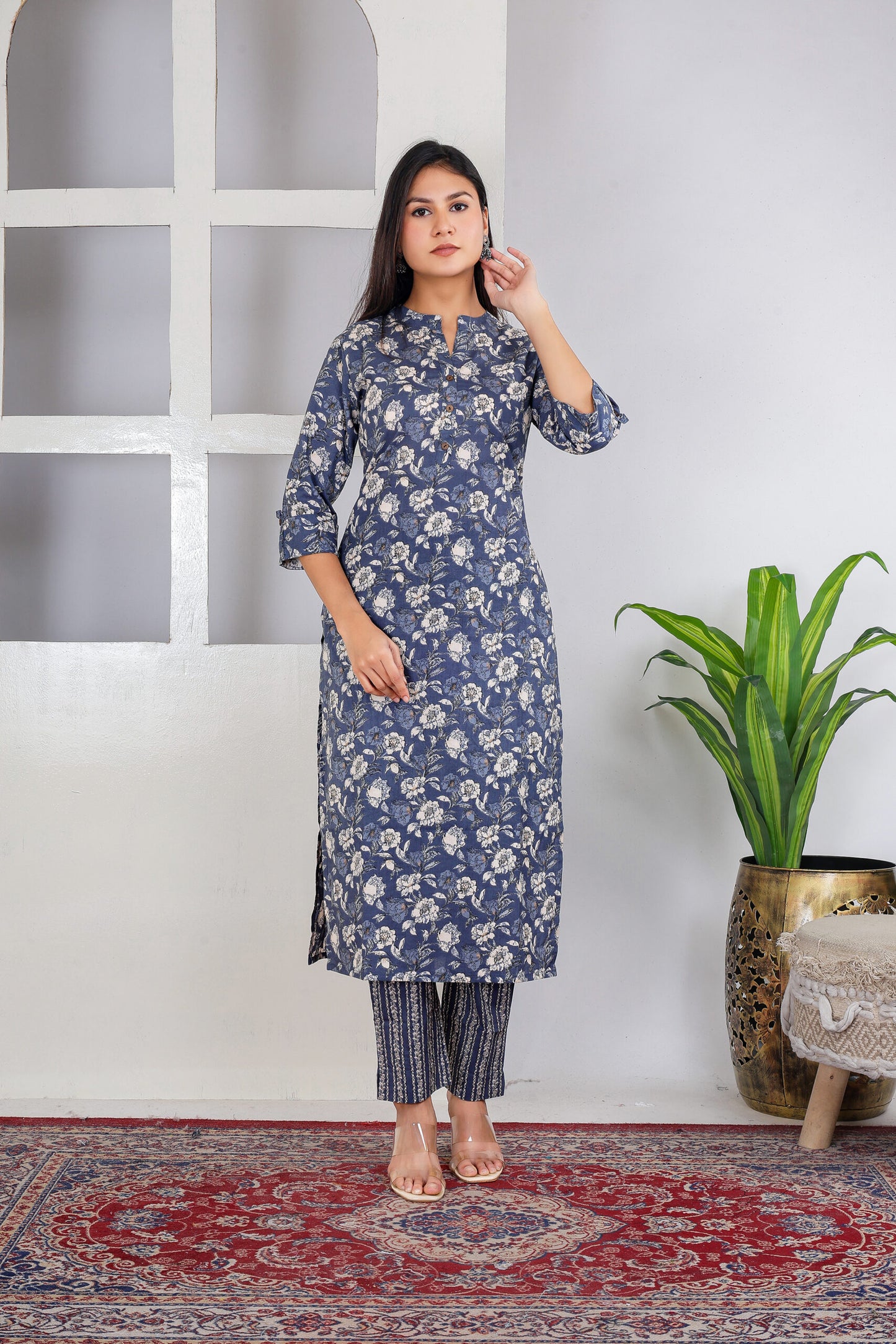 Greyish blue floral kurta pant set