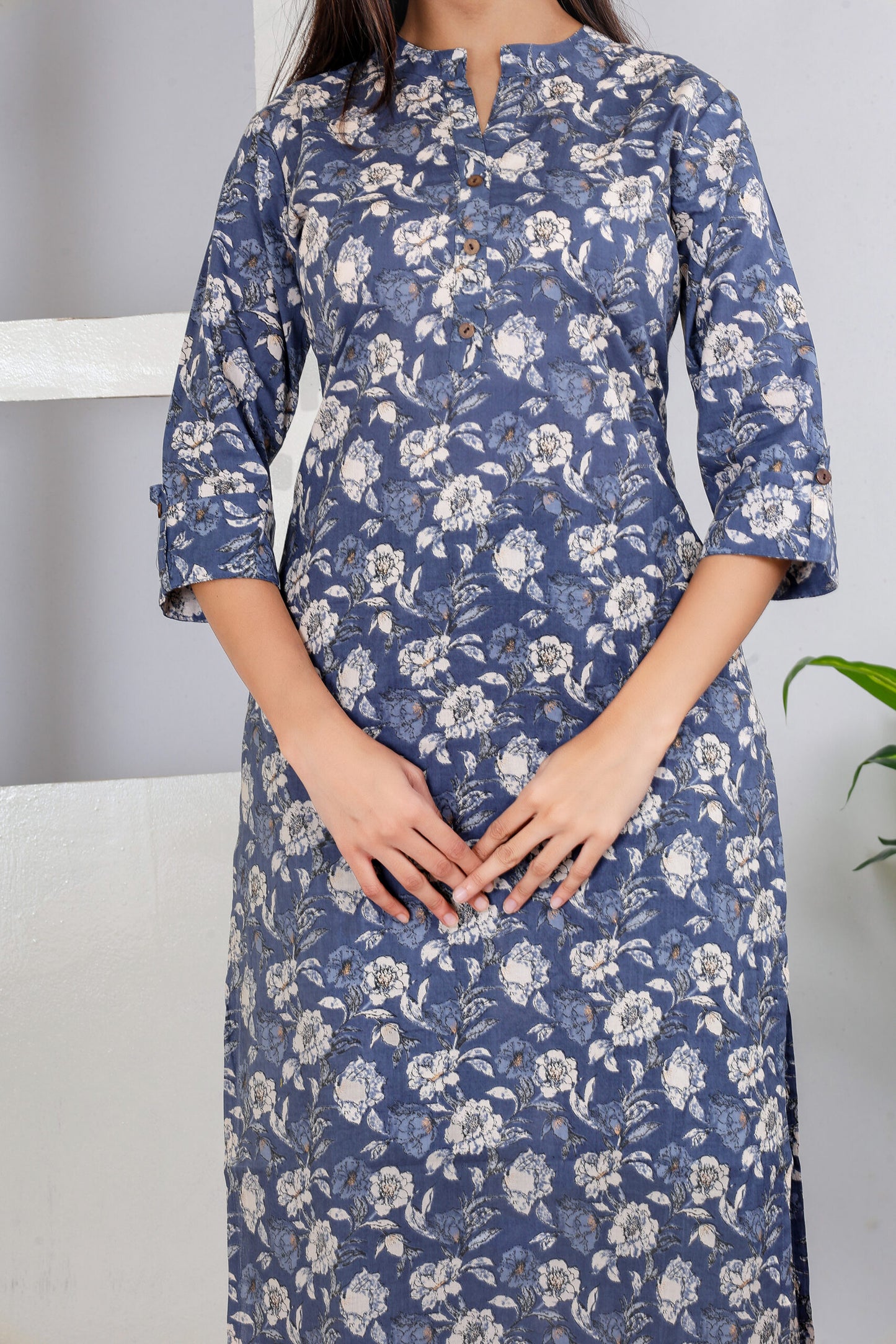 Greyish blue floral kurta pant set