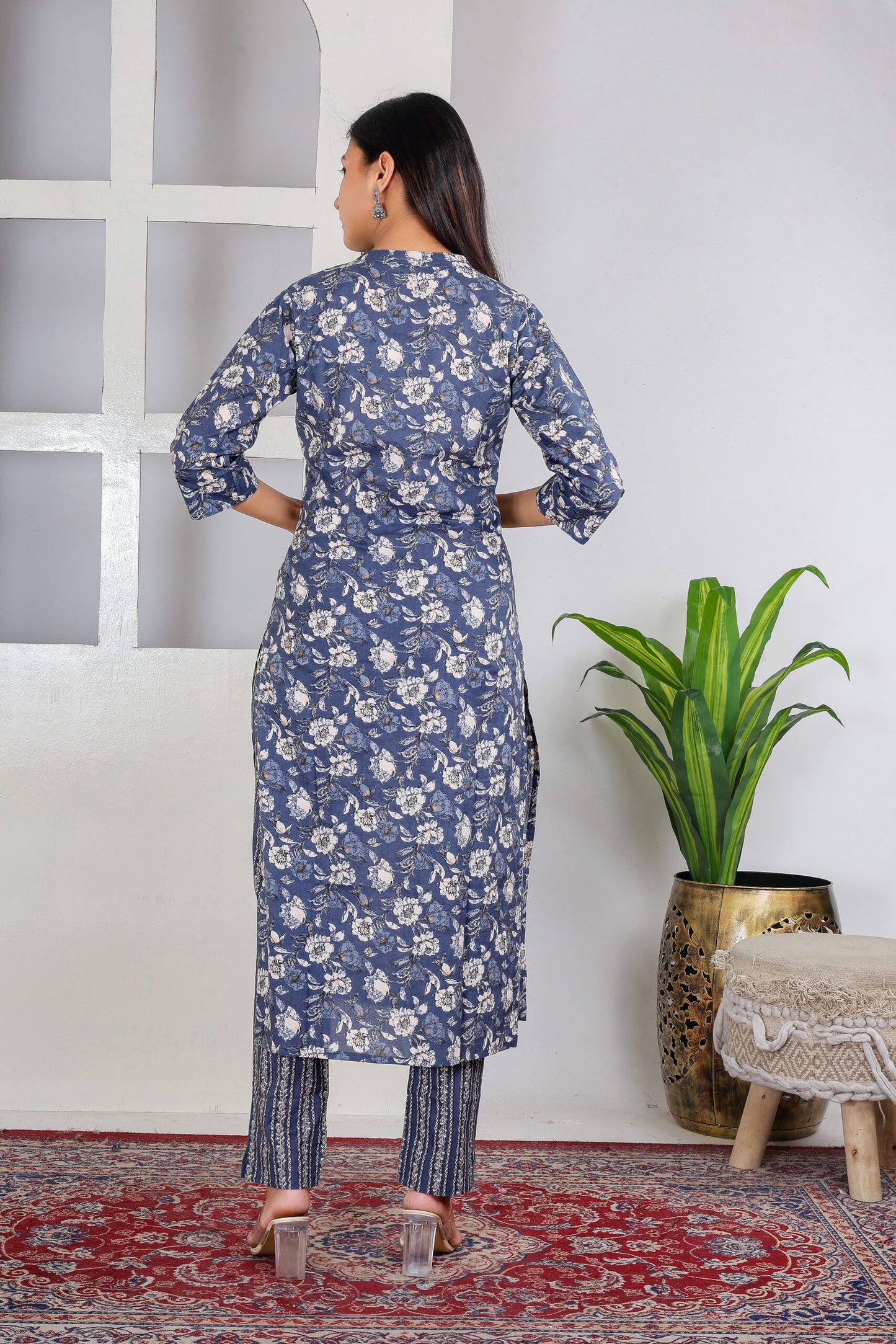 Greyish blue floral kurta pant set