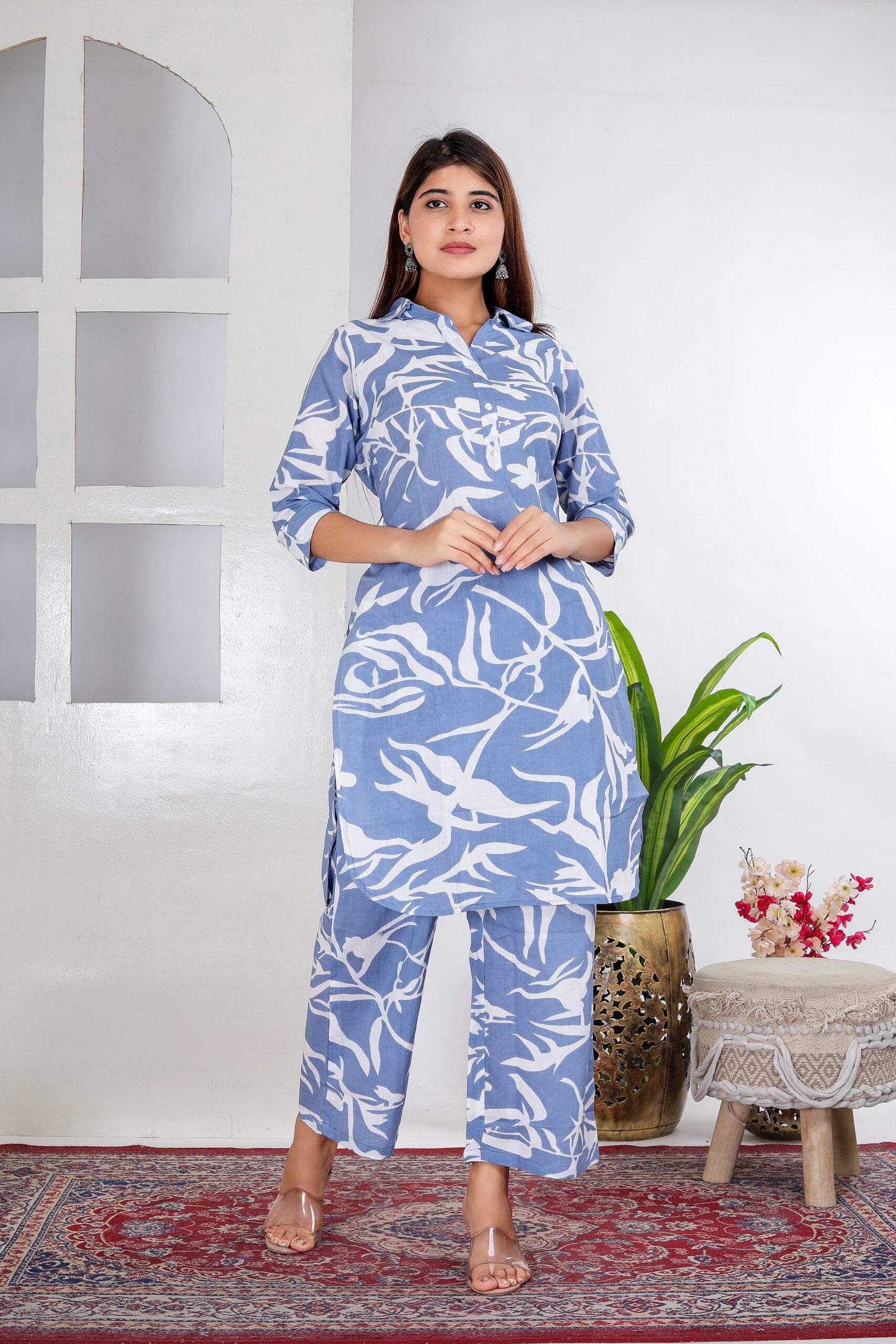 Greyish blue leaf print co-ord set