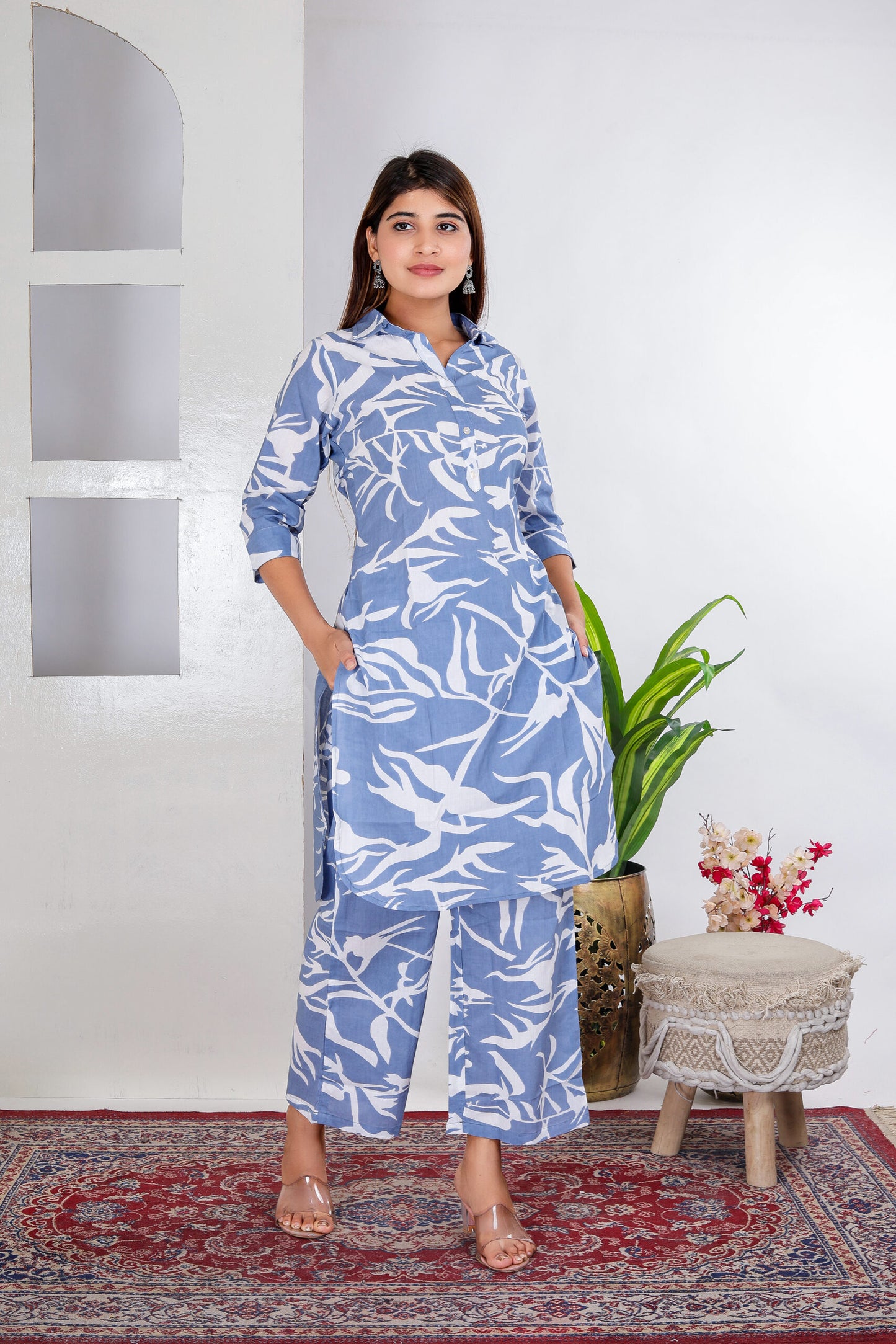 Greyish blue leaf print co-ord set