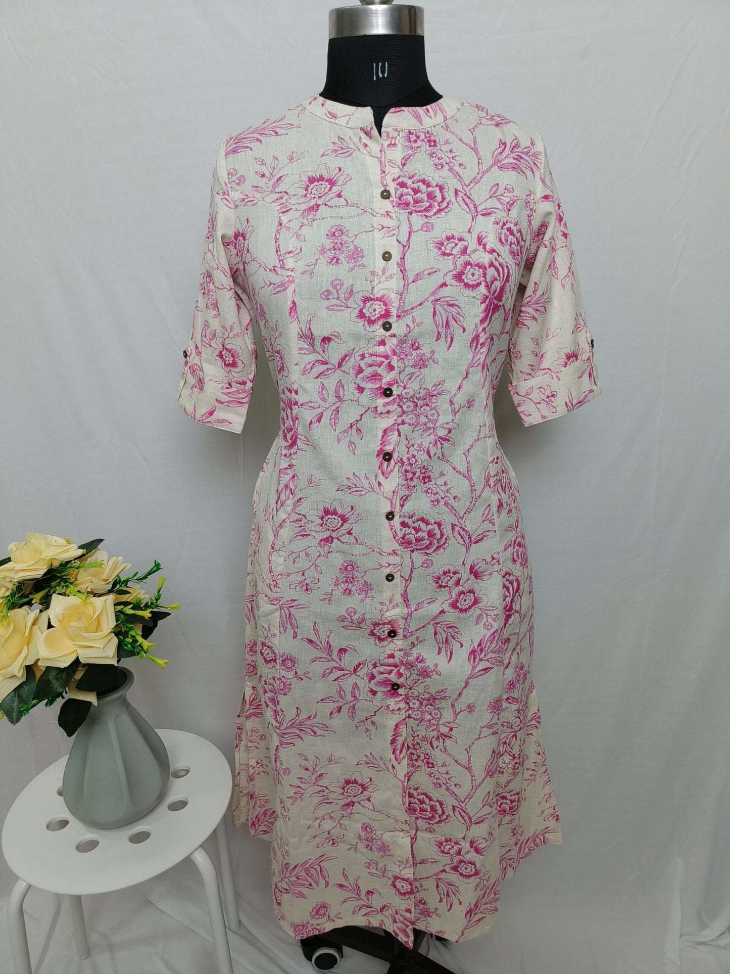 White and pink floral print A-line kurta