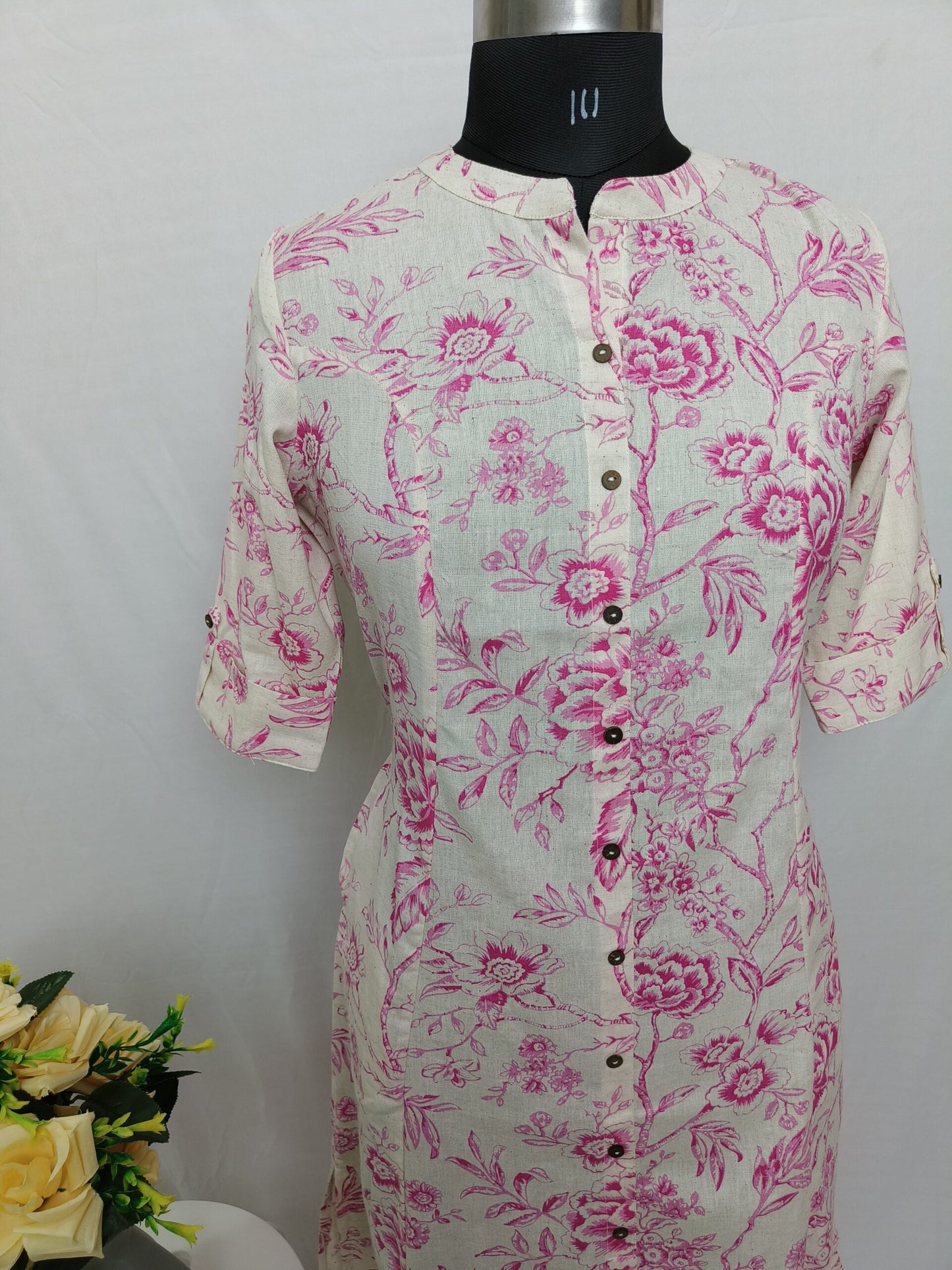 White and pink floral print A-line kurta