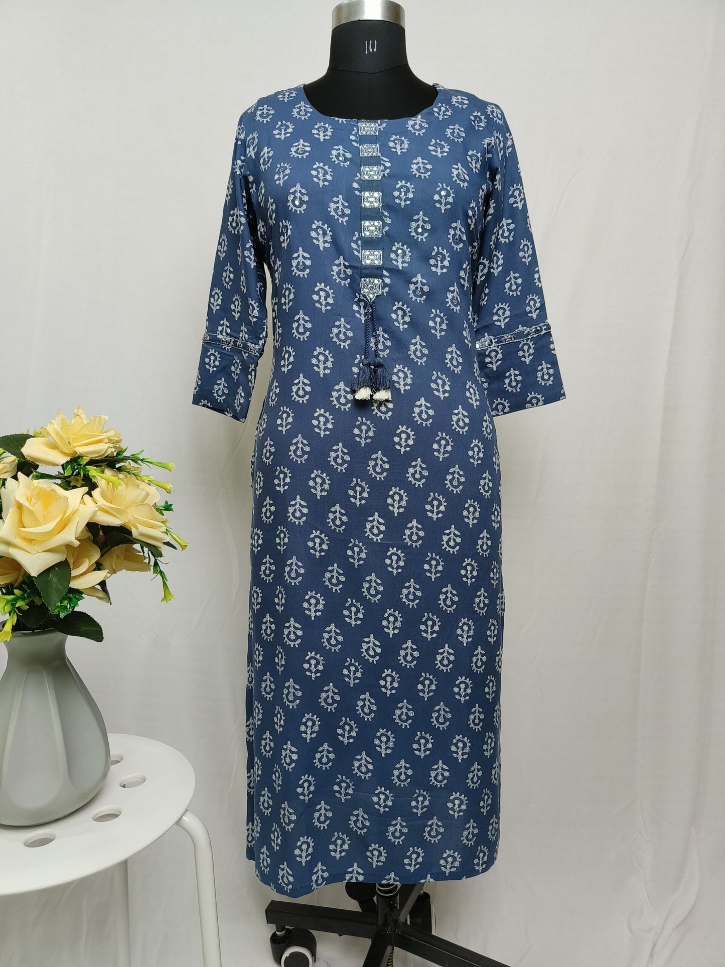 Blue long kurta with tassles