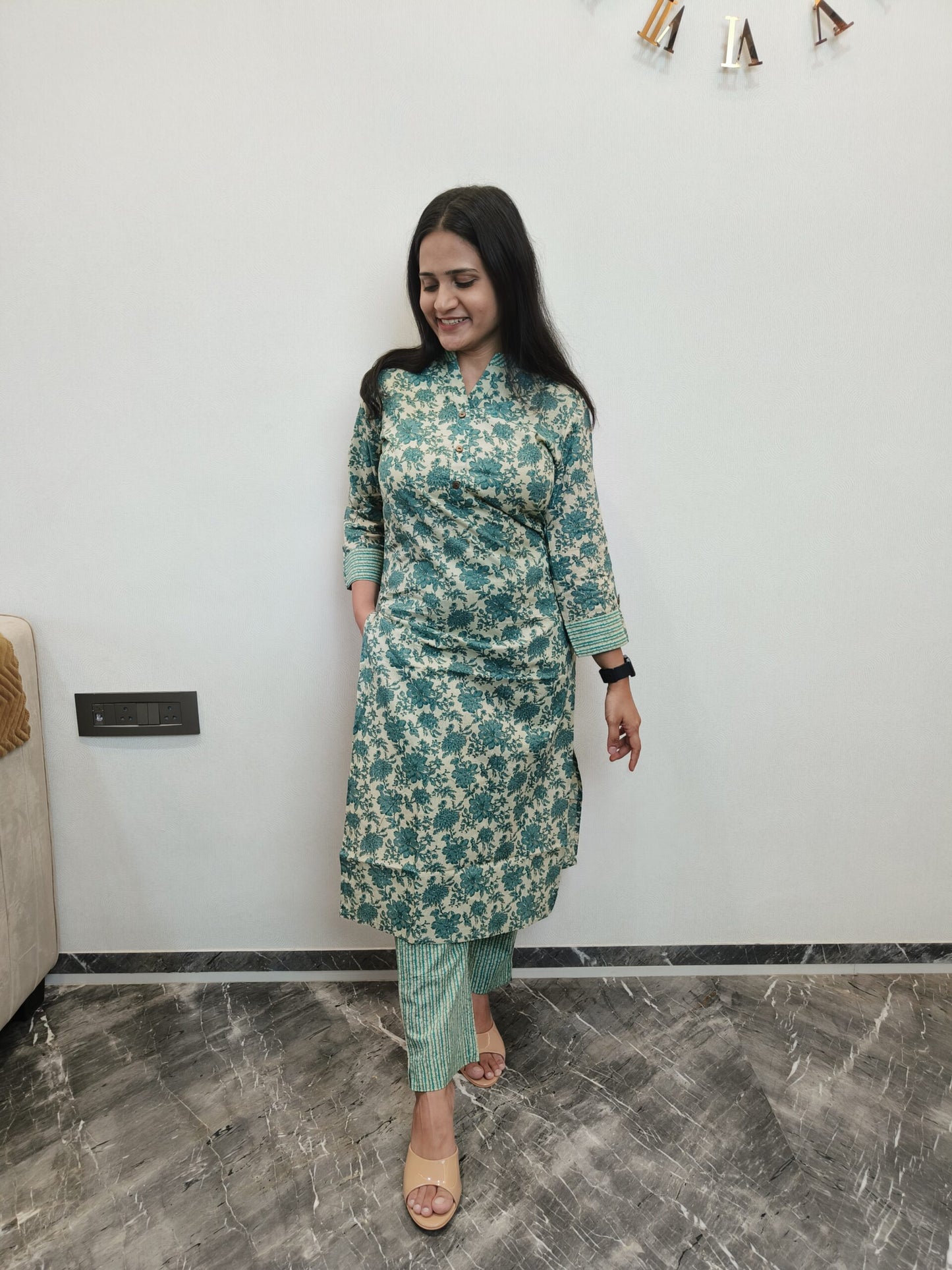 Green floral printed kurta pant set