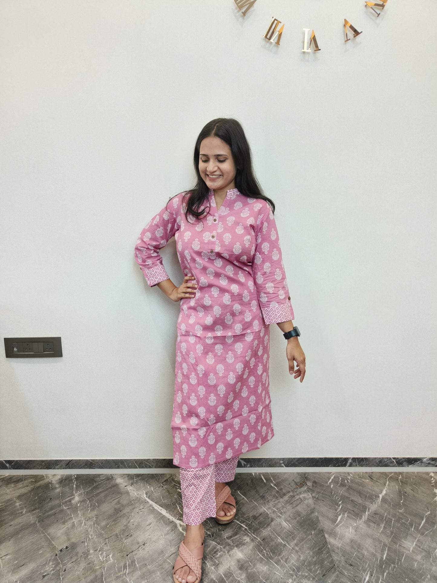 Pink motif printed kurta pant set