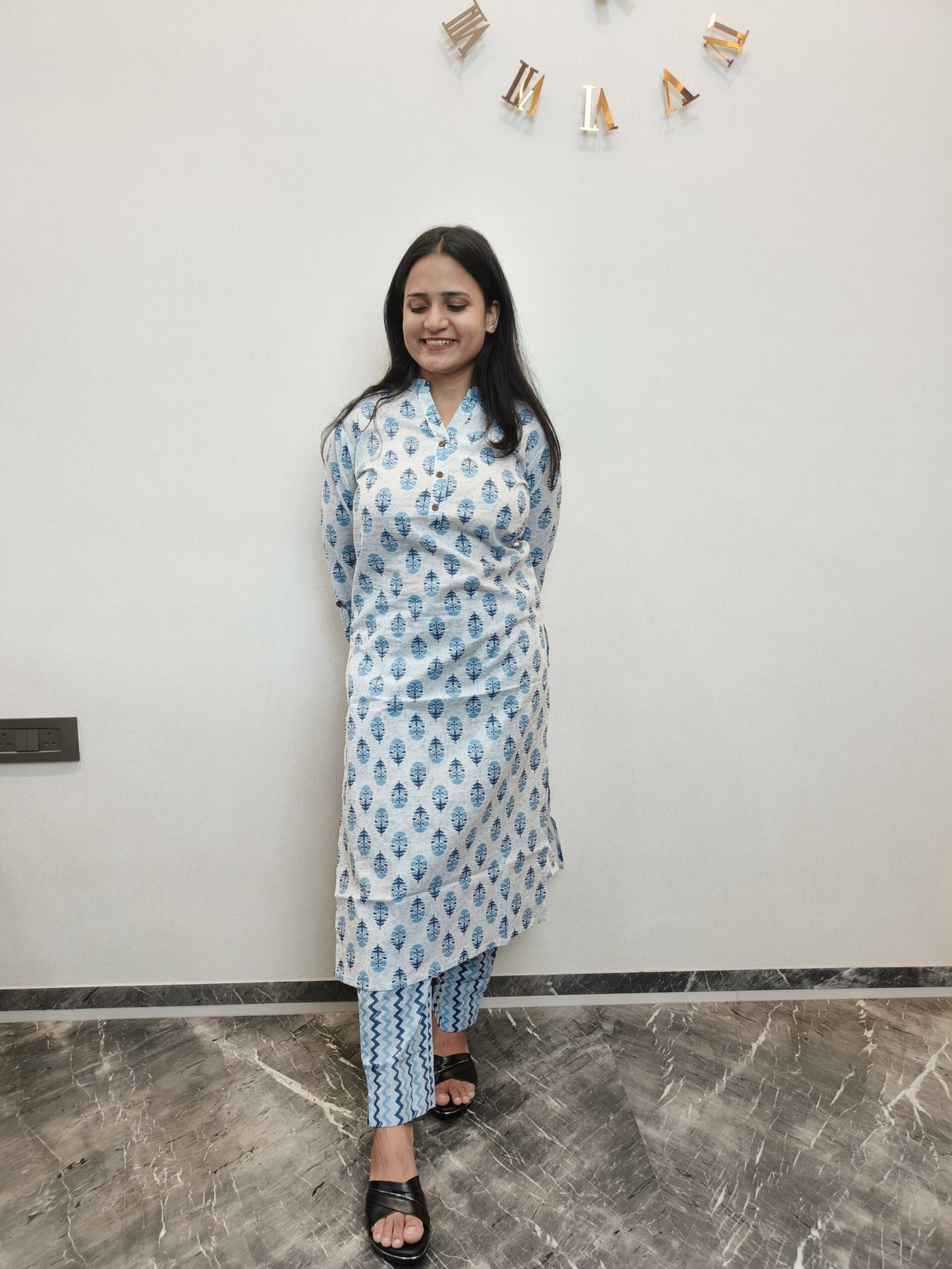 White with blue motif printed kurta pant set