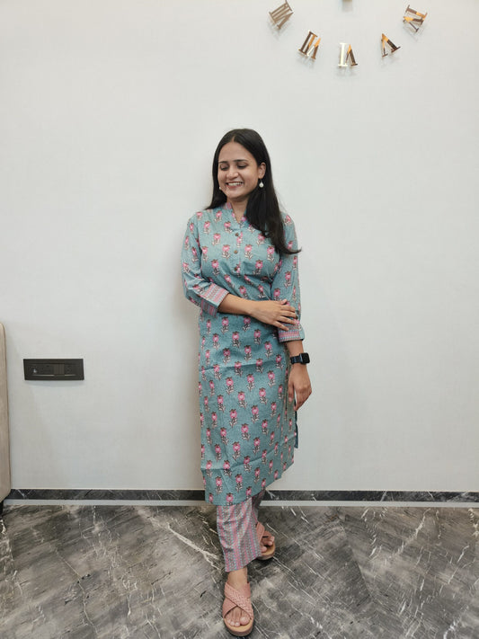 Blue with pink flower printed kurta pant set