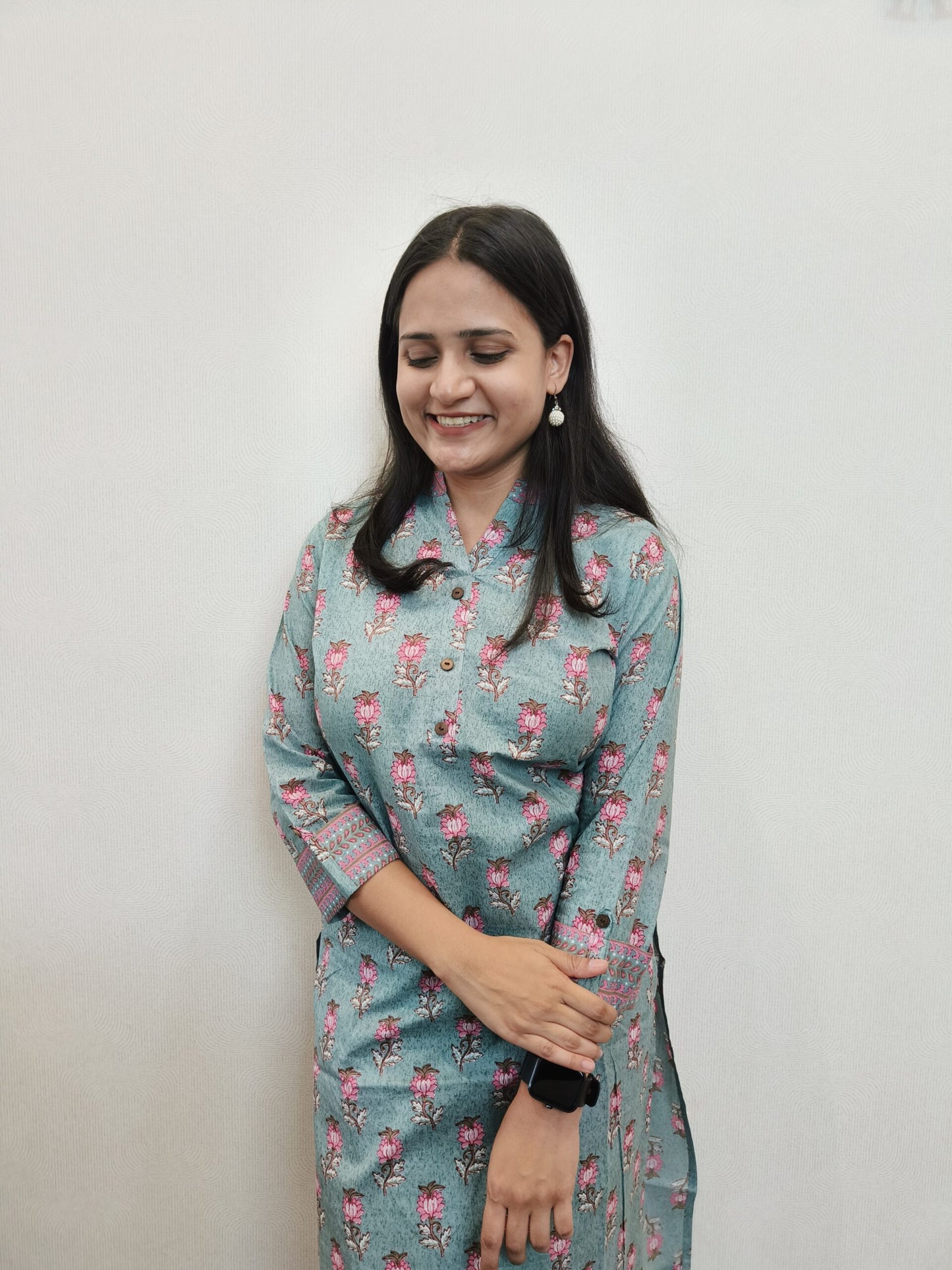 Blue with pink flower printed kurta pant set