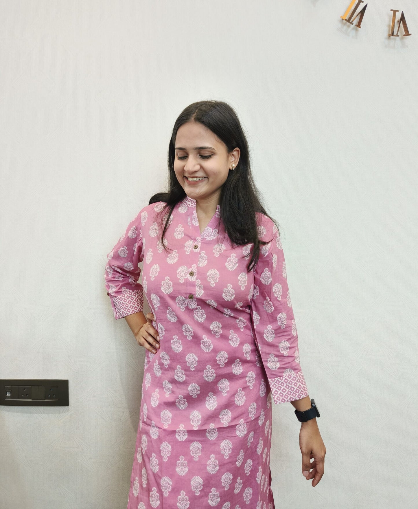 Pink motif printed kurta pant set