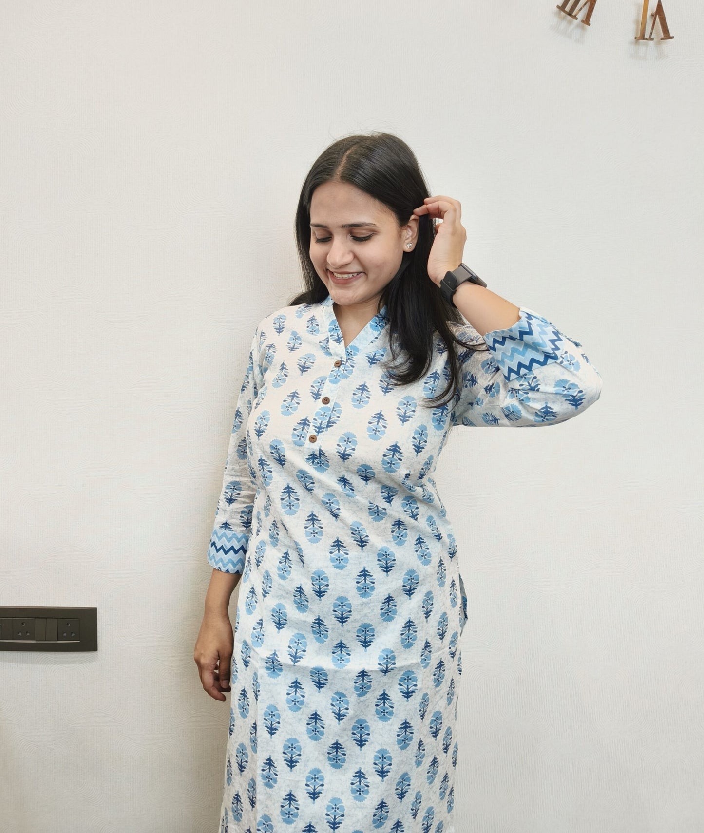 White with blue motif printed kurta pant set