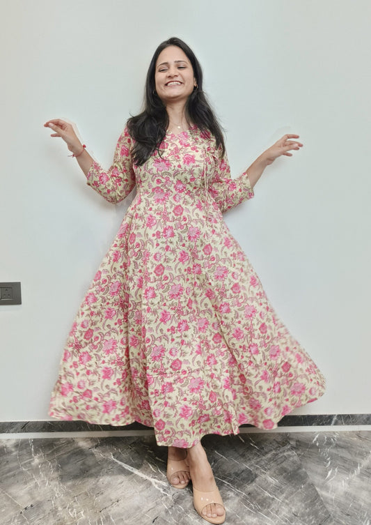 Pink flower printed angarkha styled umbrella dress