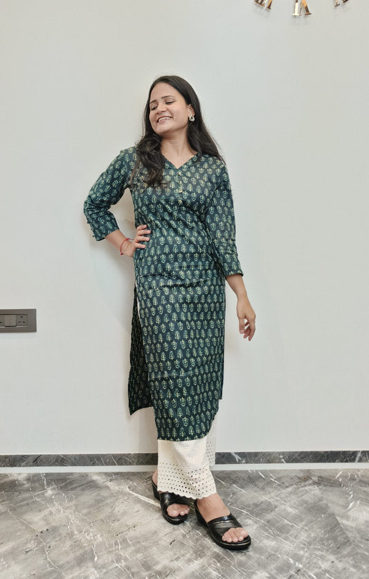 Bottle green motif printed long kurta