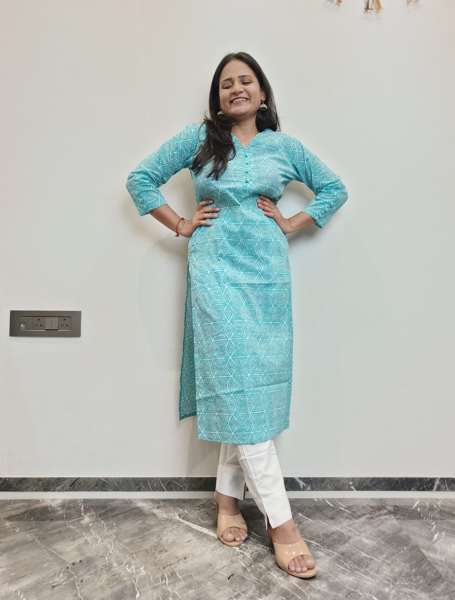 Light blue geometric print long kurta