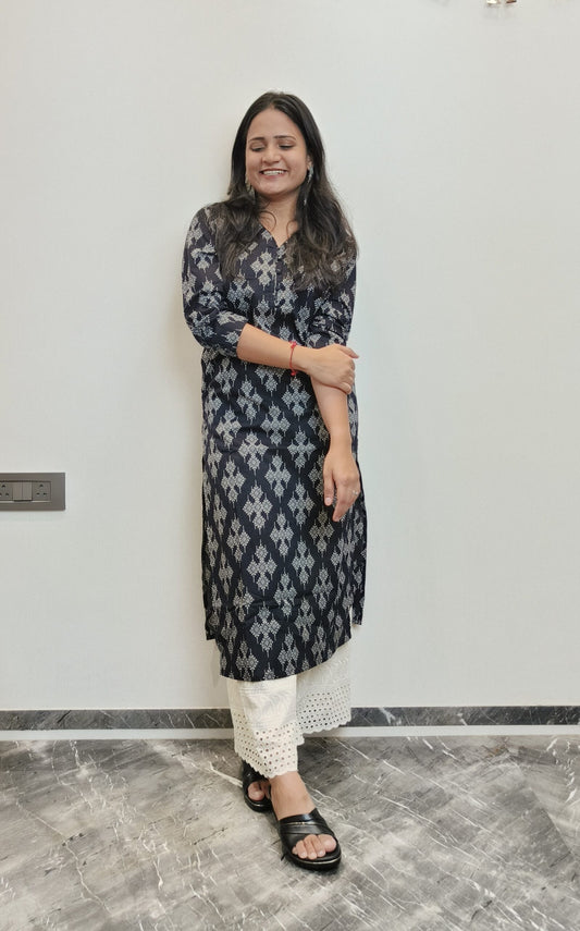 Black geometric print long kurta