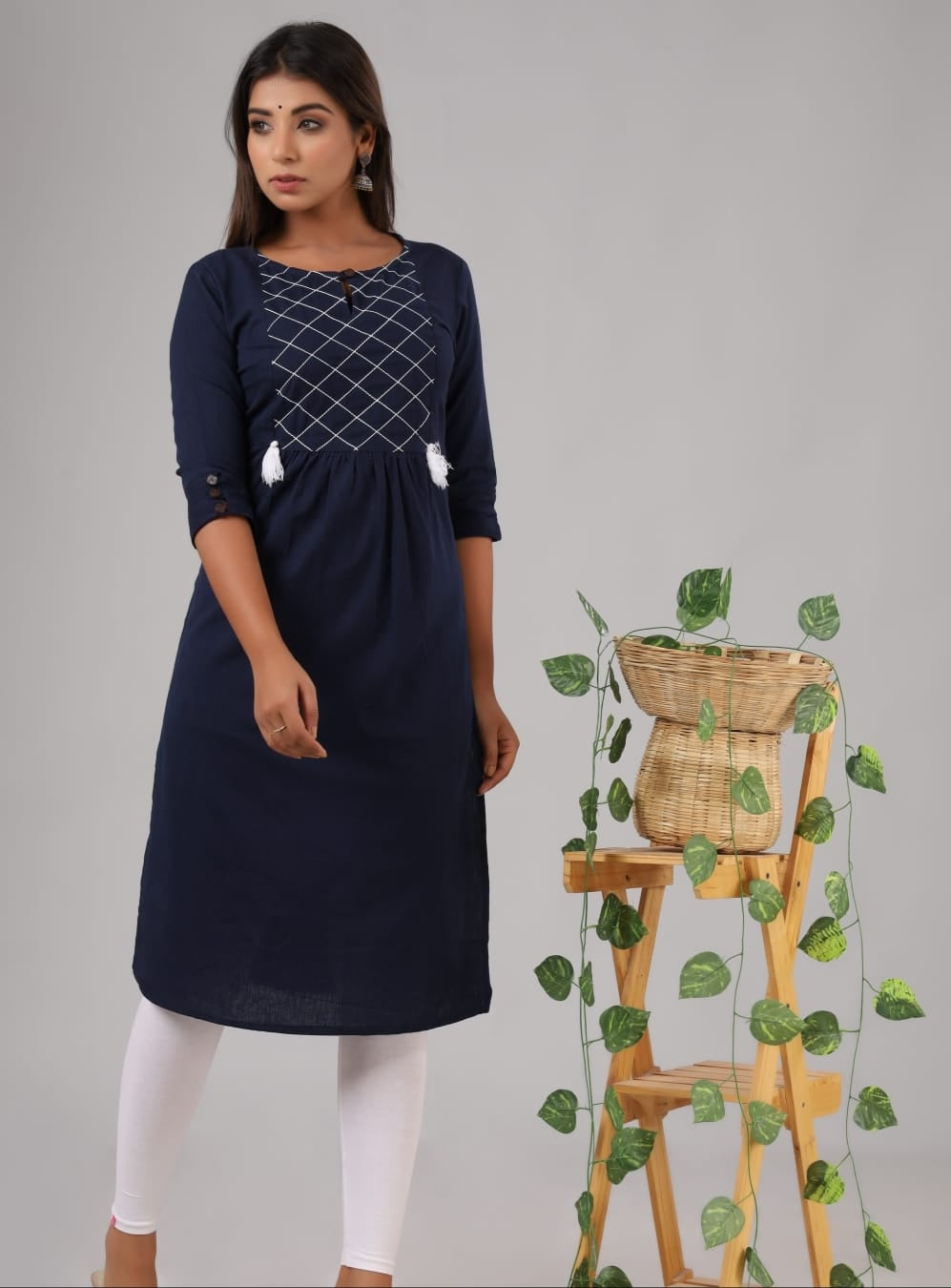 Navy Blue long kurta with white thread work