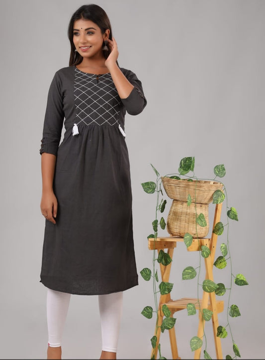 Grey long kurta with white thread work