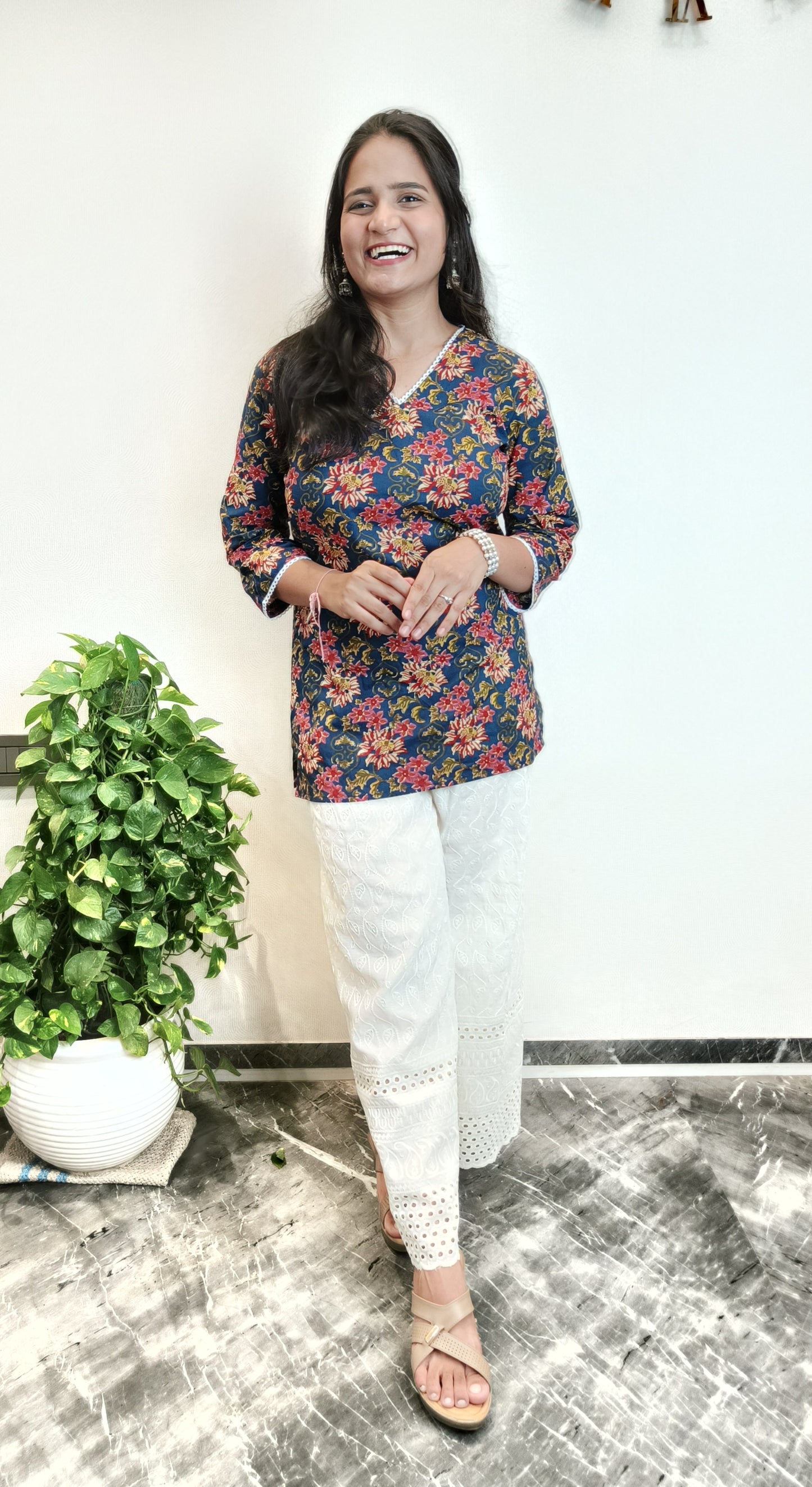 Dark blue floral white lace short kurta