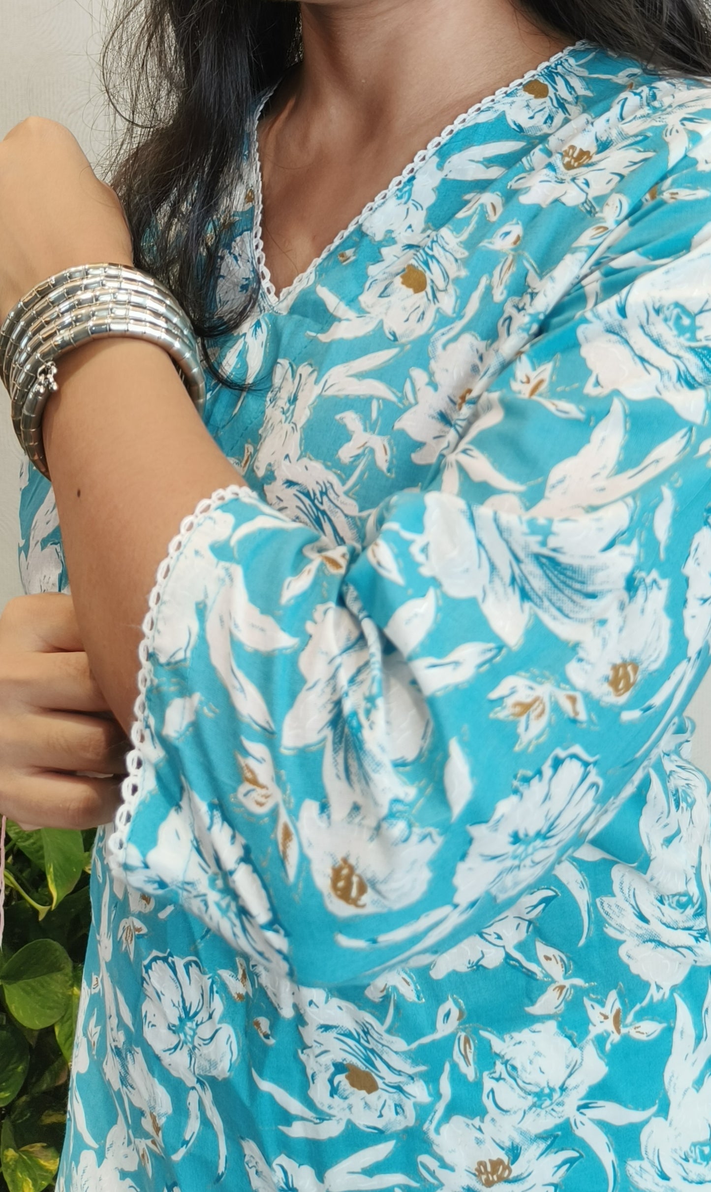 Sky blue floral white lace short kurta