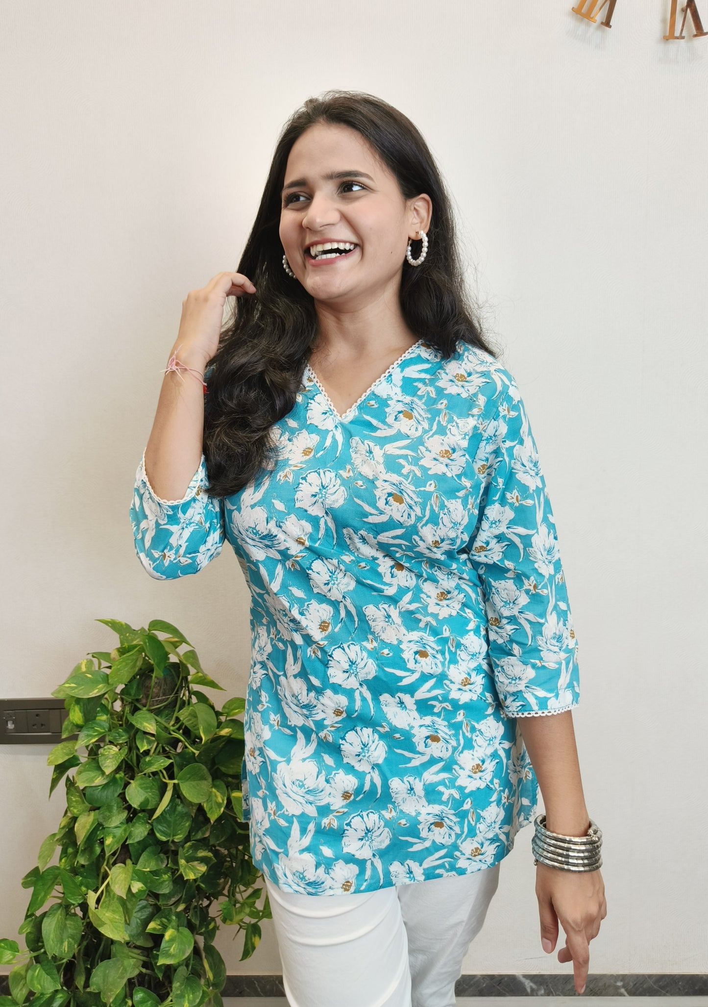 Sky blue floral white lace short kurta