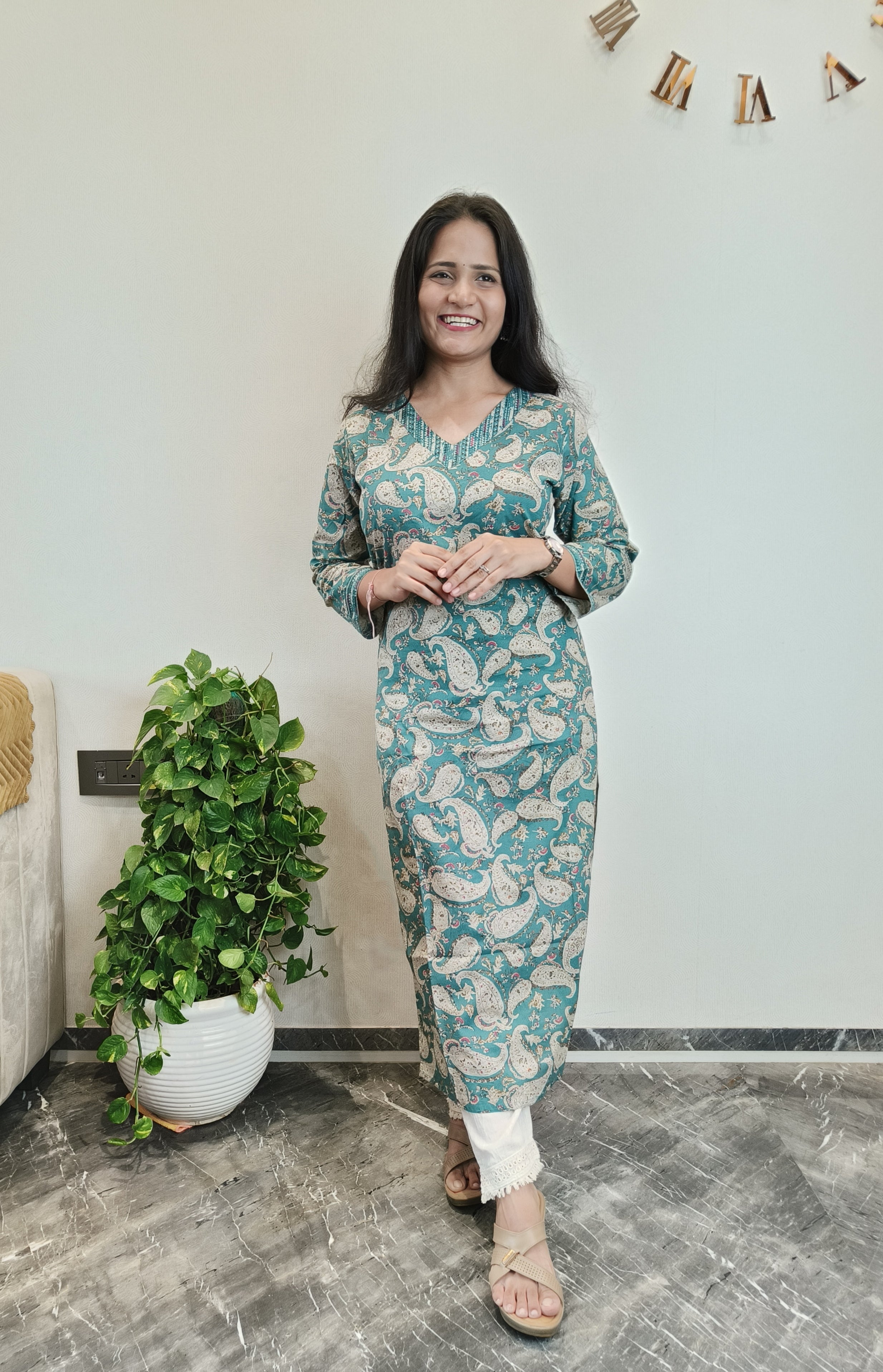 Masang Peacock green paisley print long kurta – Masang
