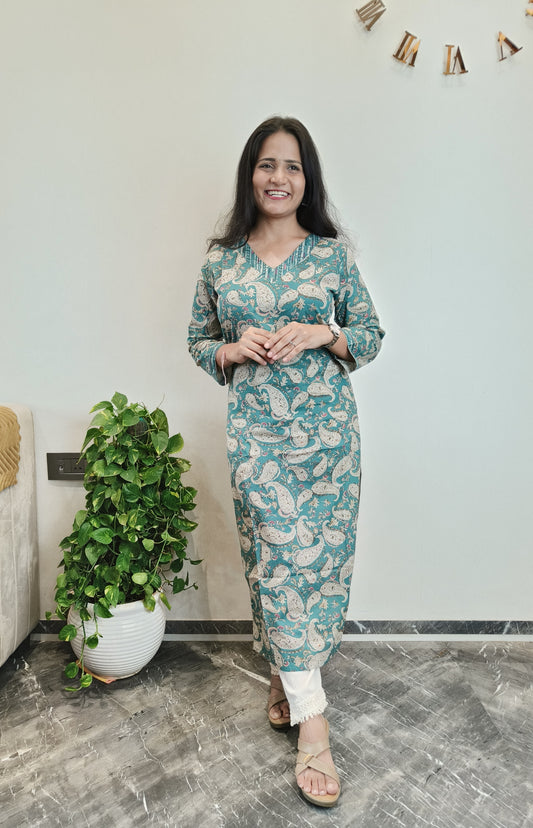 Peacock green paisley print long kurta