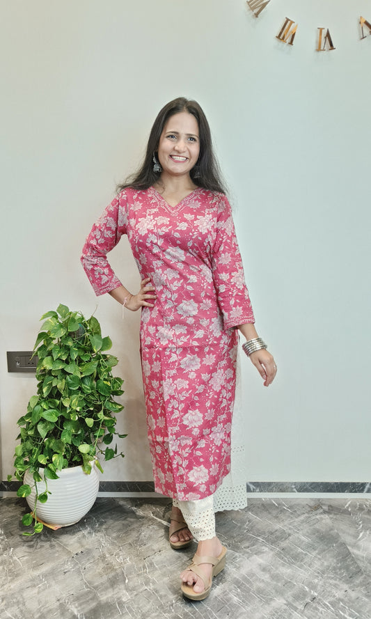 Ruddy pink floral printed long kurta