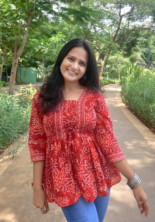 Hibiscus Red Floral Peplum Top