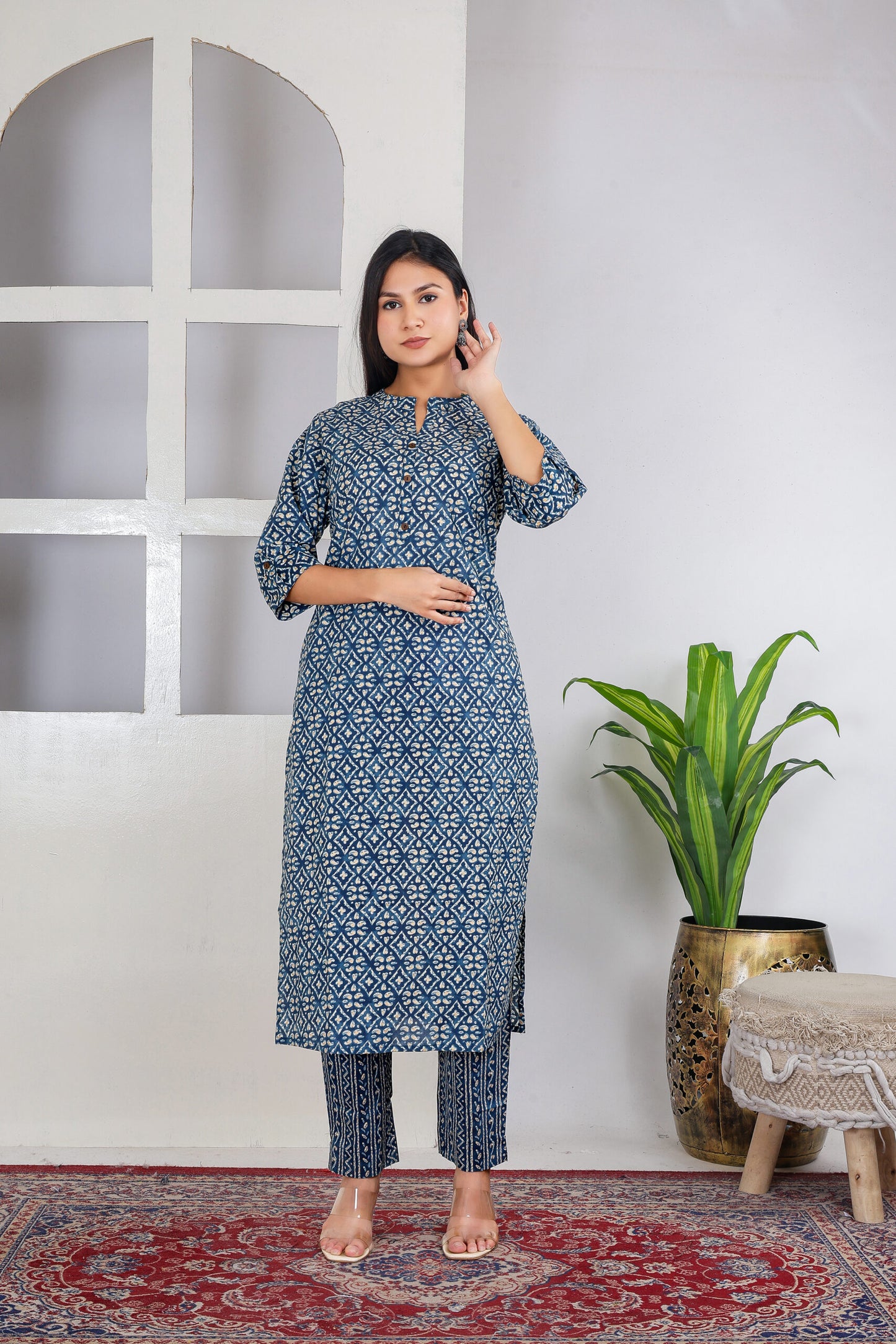 Dark blue motif kurta pant set