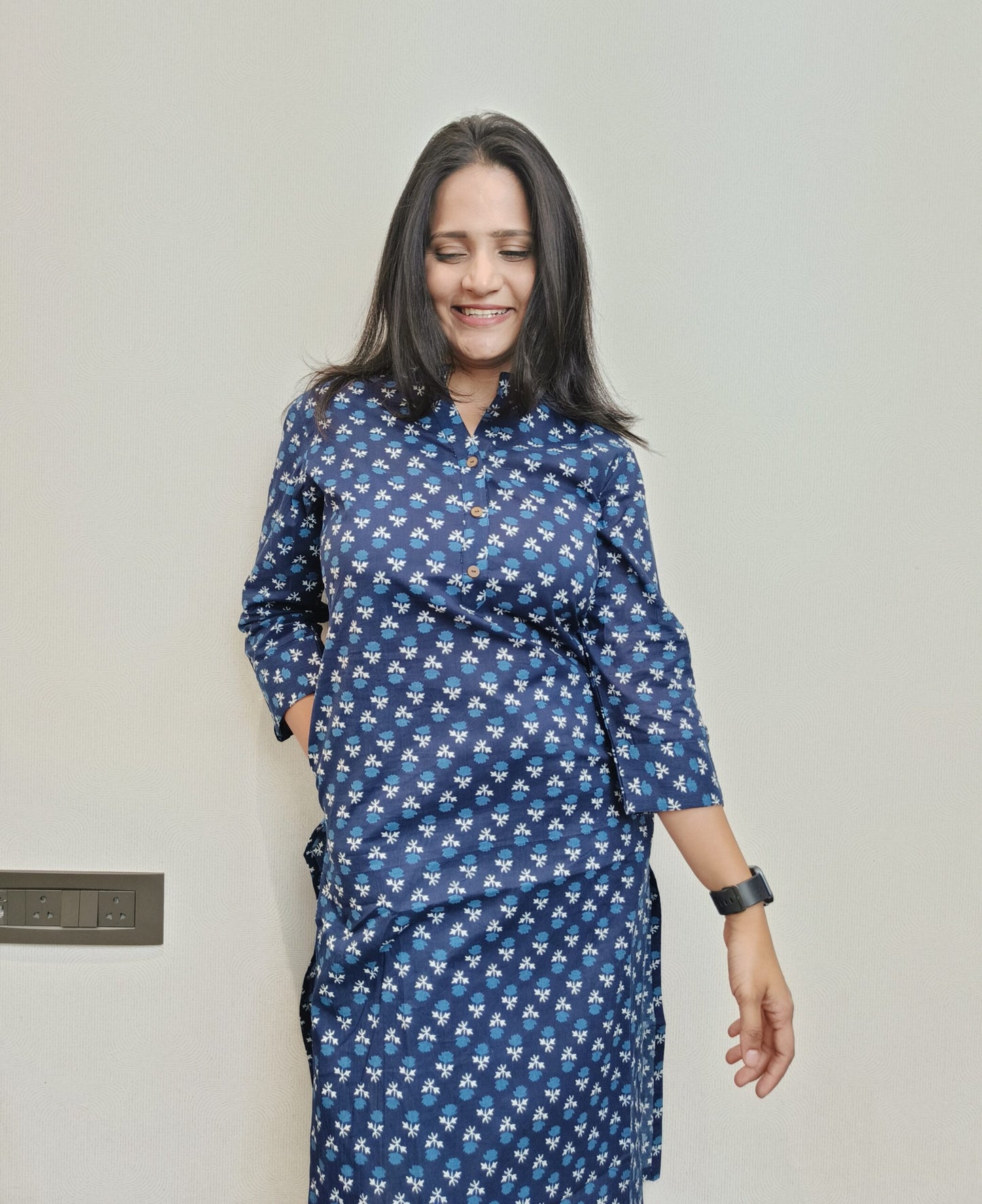 Indigo floral print long kurta