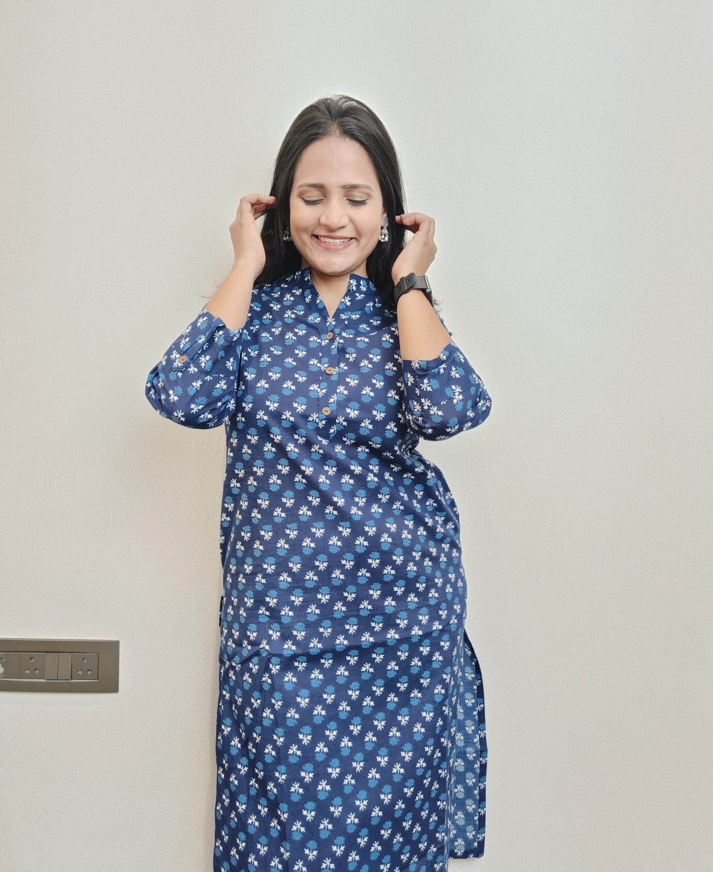 Indigo floral print long kurta