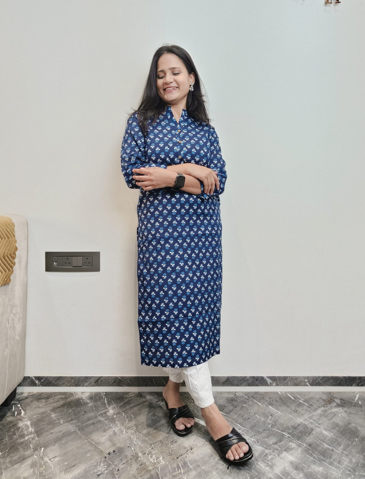 Indigo floral print long kurta