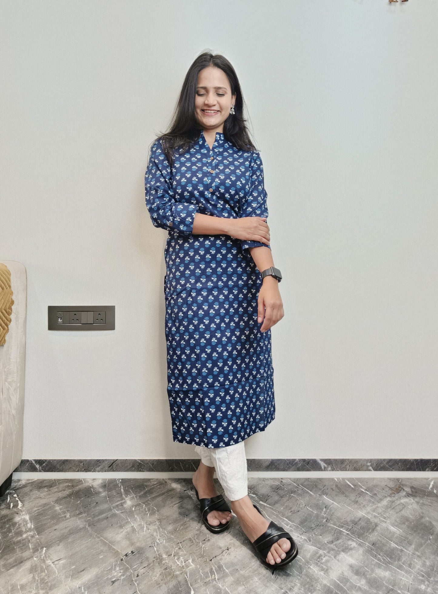 Indigo floral print long kurta