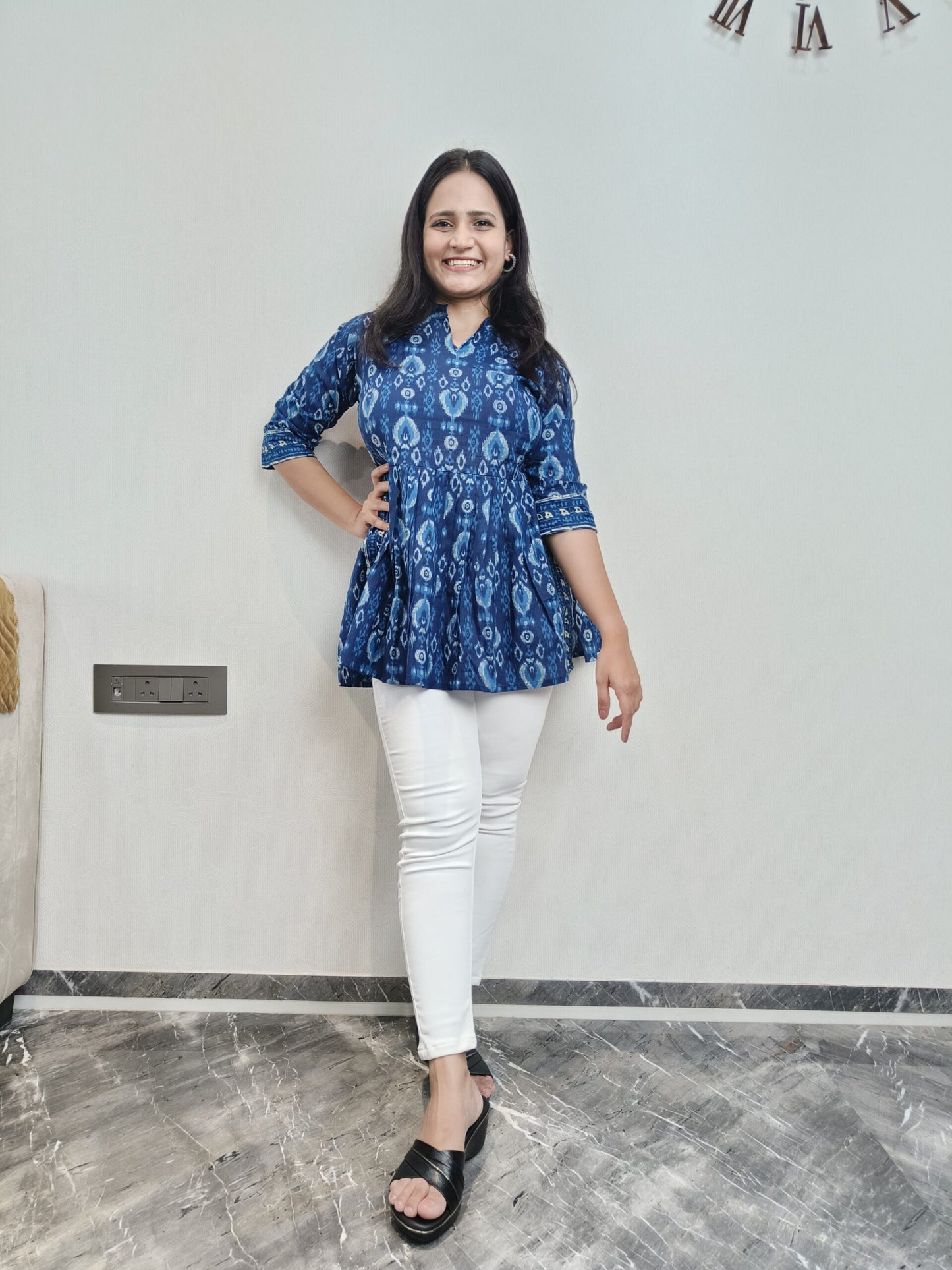 Indigo geometric print Nayra cut short kurta