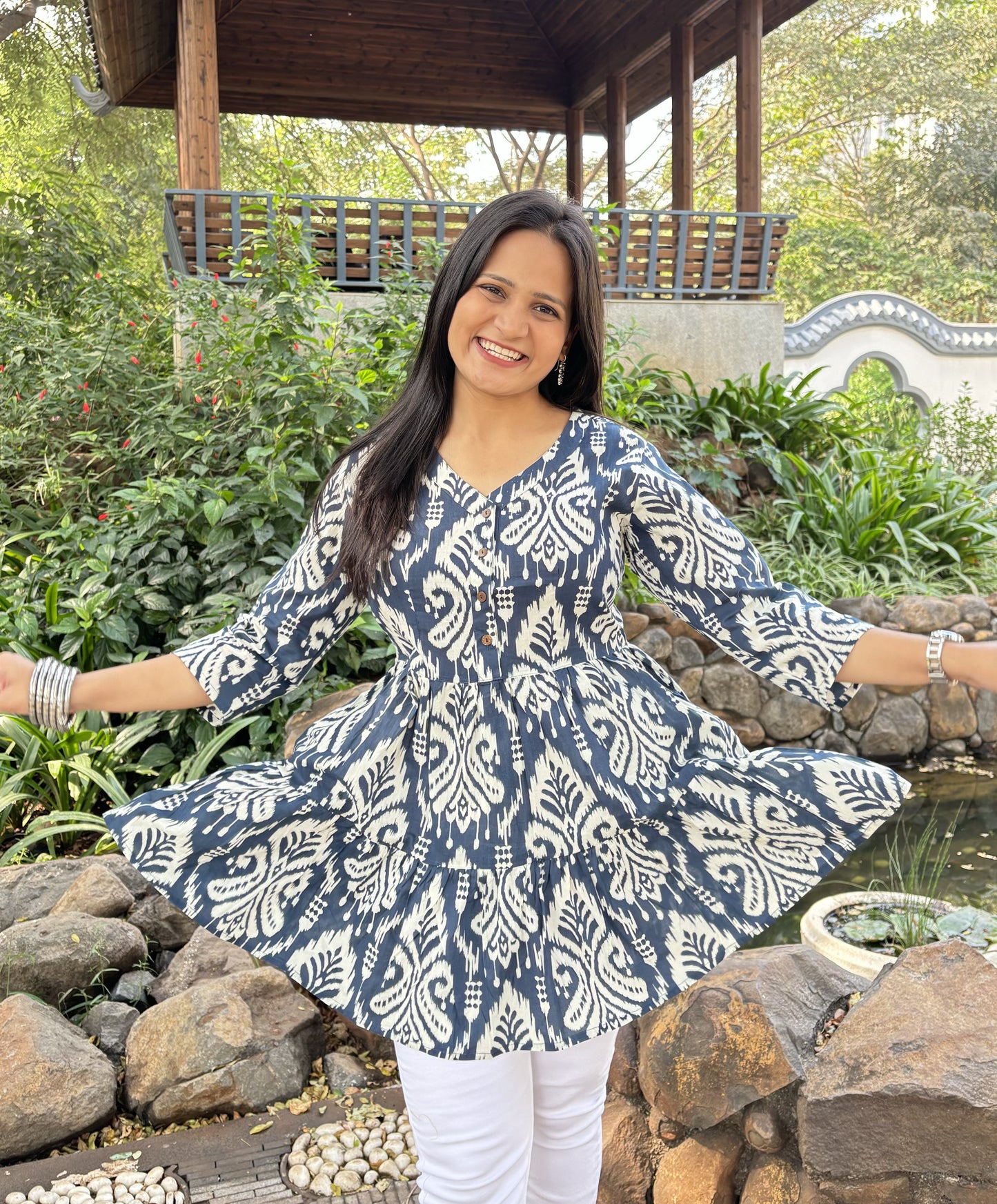 Indigo Ikat Tunic Top with Pockets