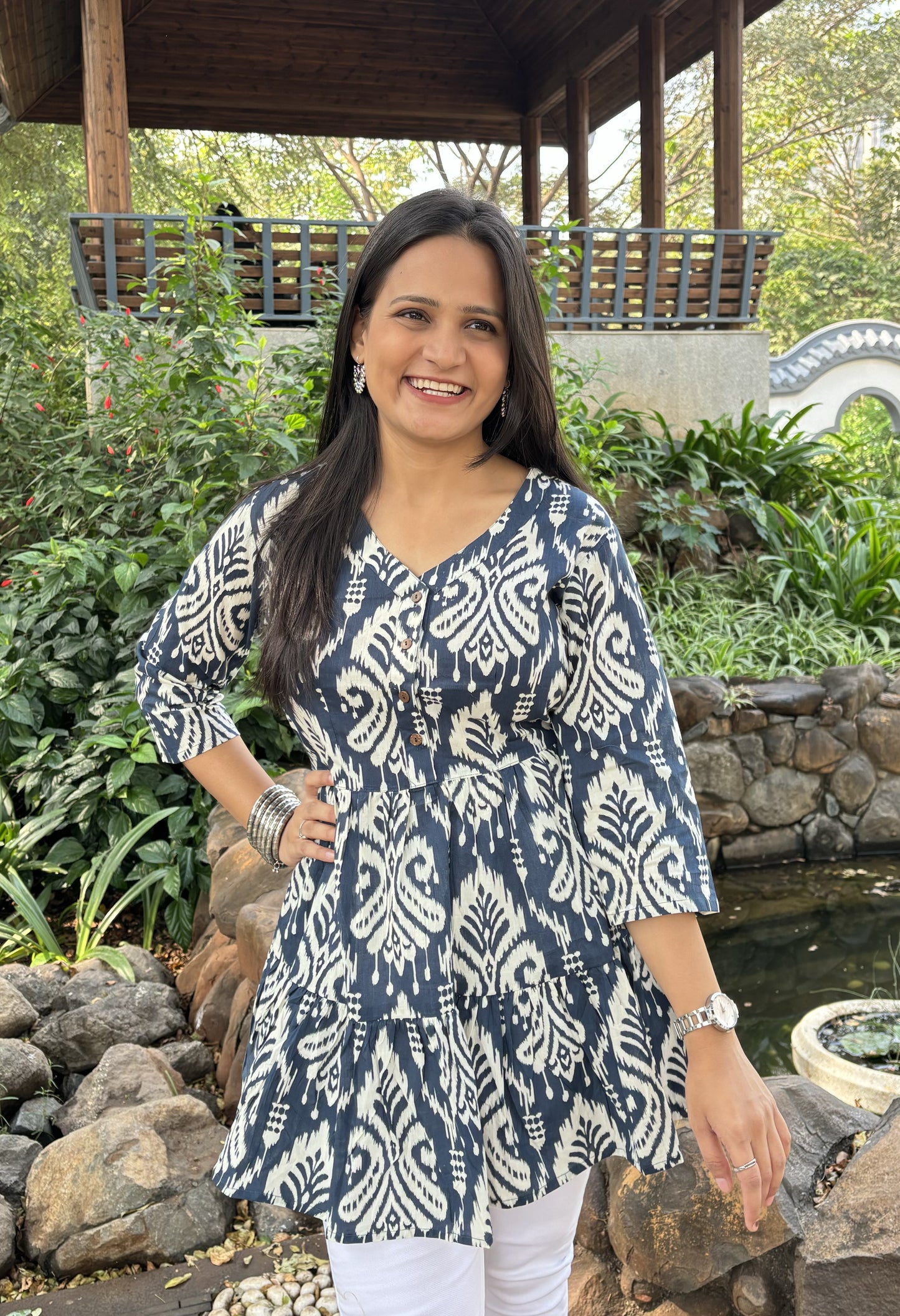 Indigo Ikat Tunic Top with Pockets