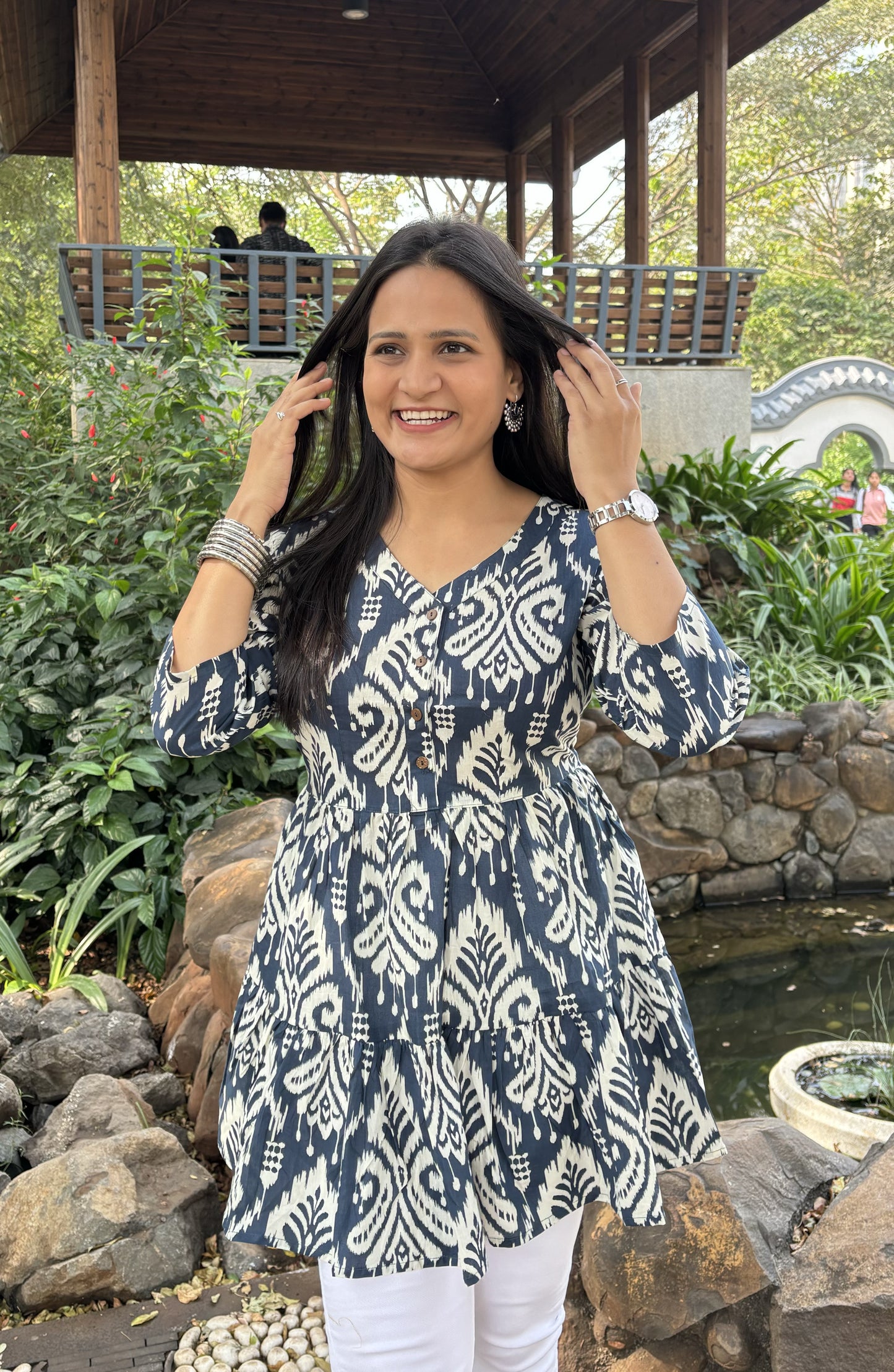 Indigo Ikat Tunic Top with Pockets