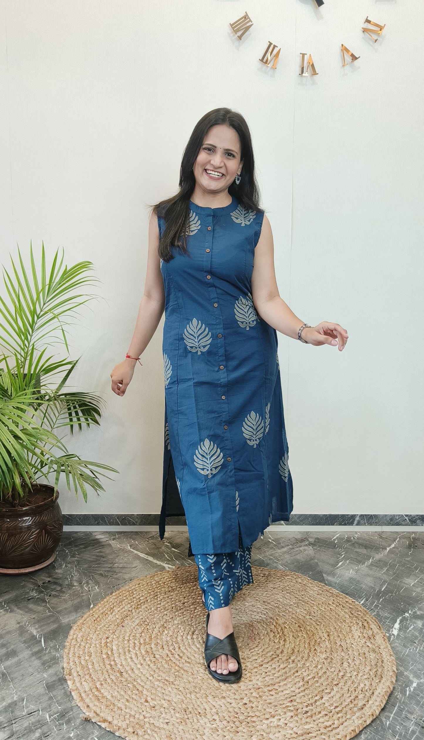 Indigo leaf motifs A-line kurta set