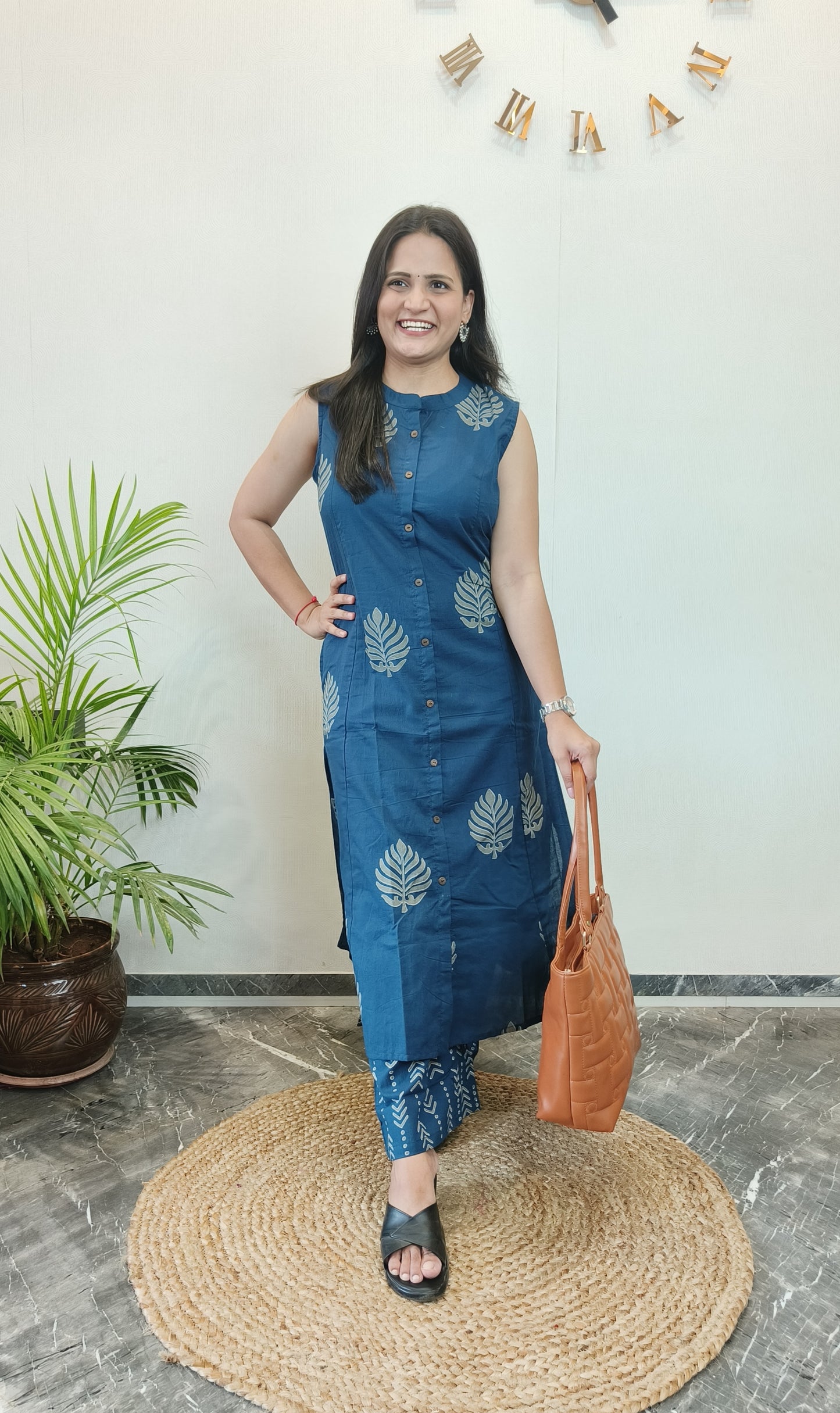 Indigo leaf motifs A-line kurta set