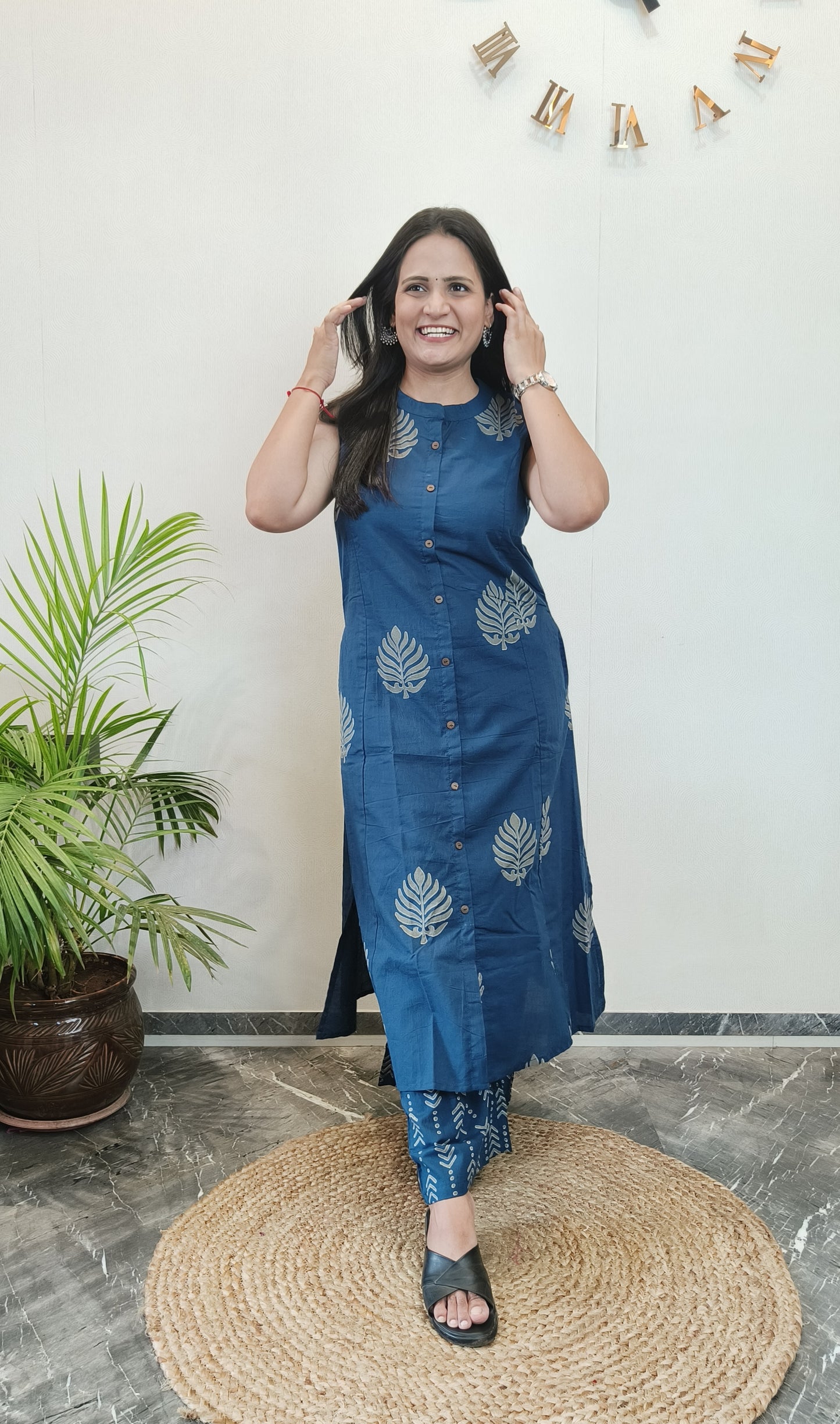 Indigo leaf motifs A-line kurta set