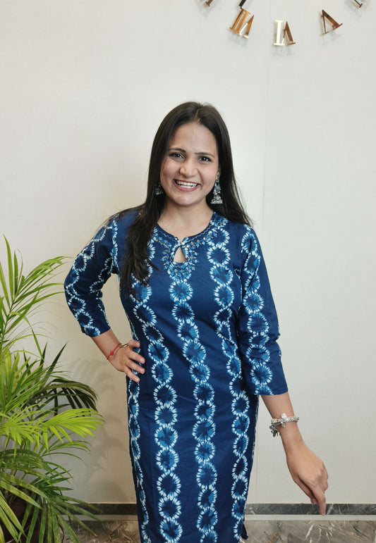 Indigo Lehriya Mirror Work Cotton Long Kurta