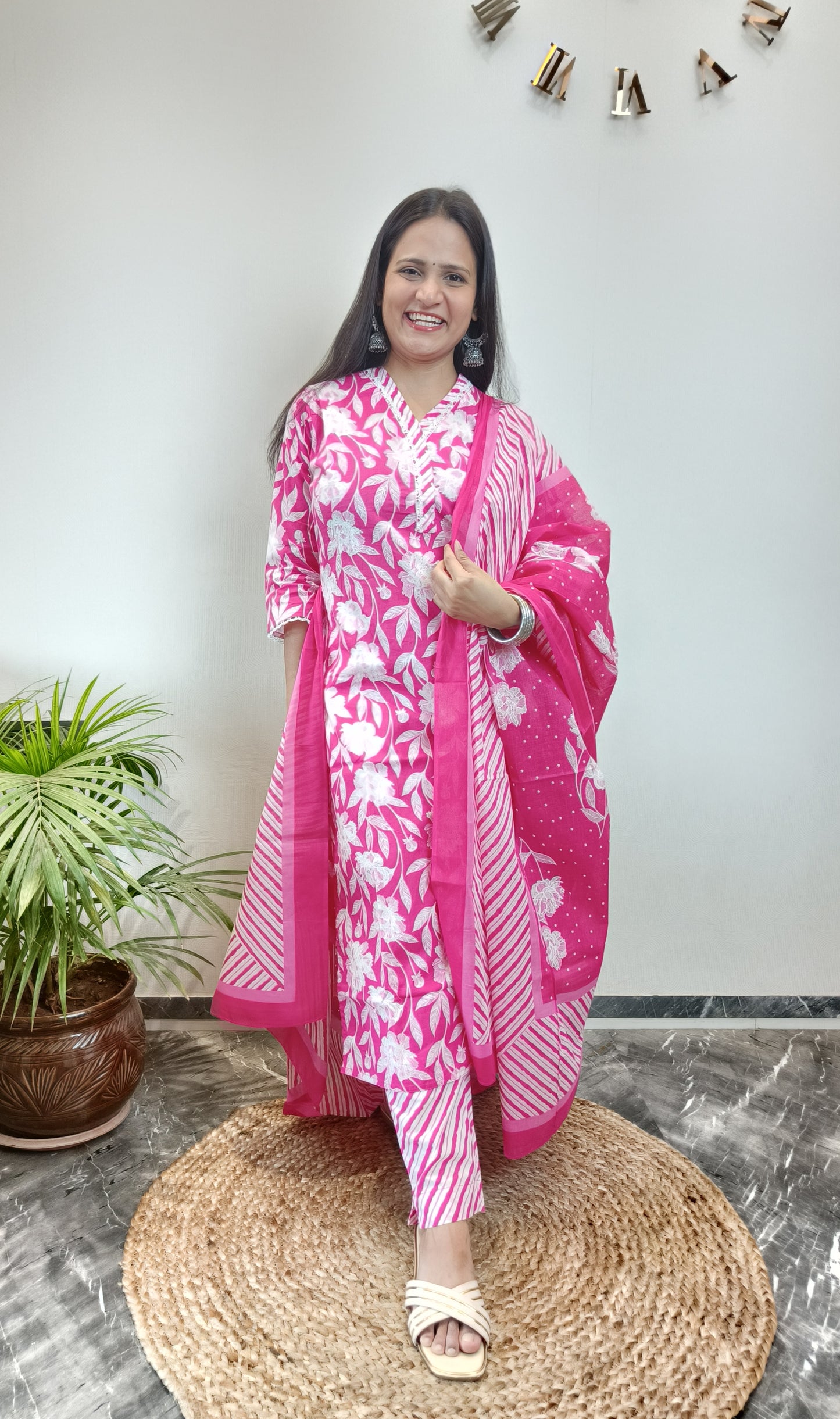 "Jaanki" Pink Floral Cotton Suit Set