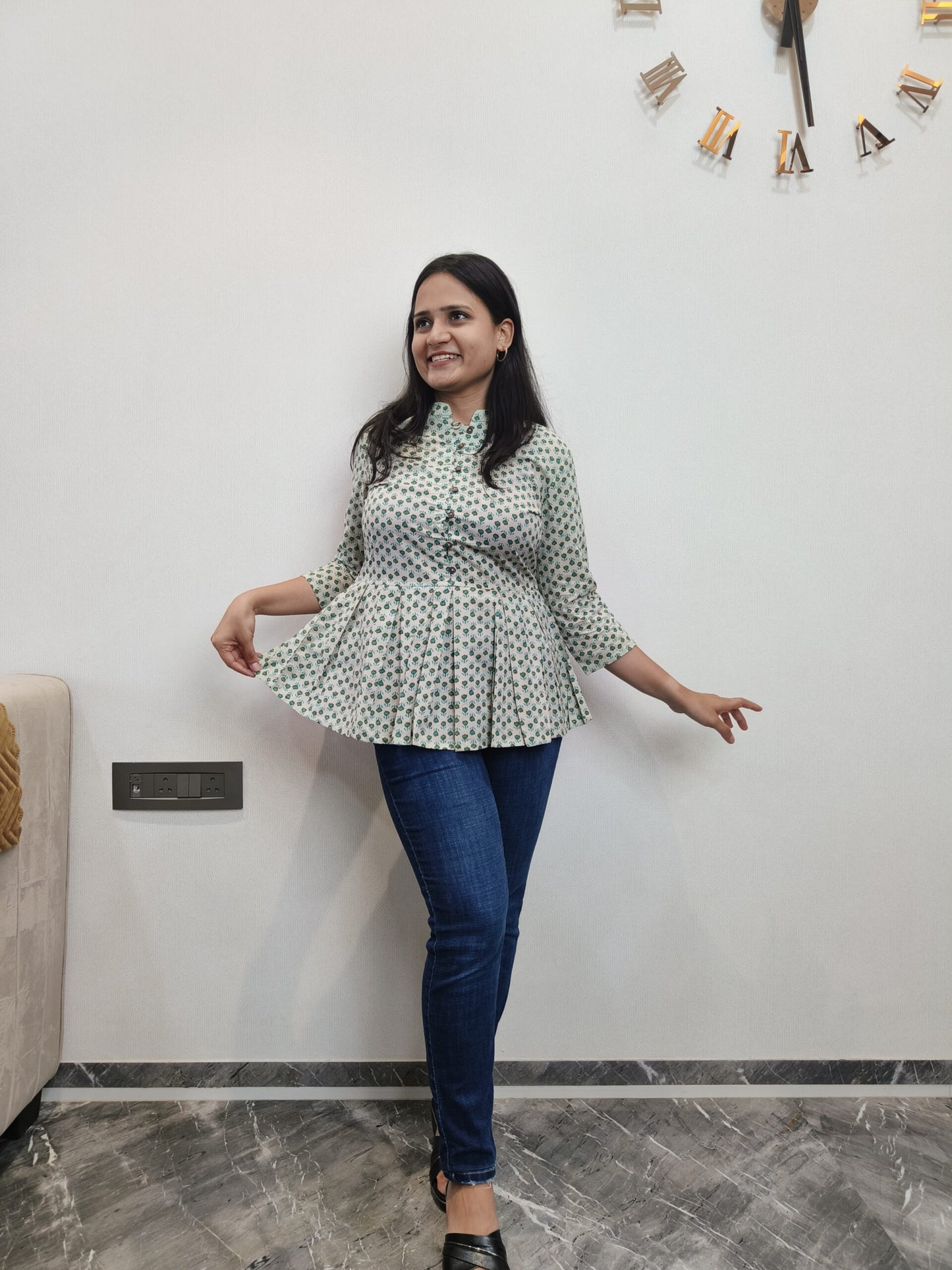 Light green motif printed peplum short kurta