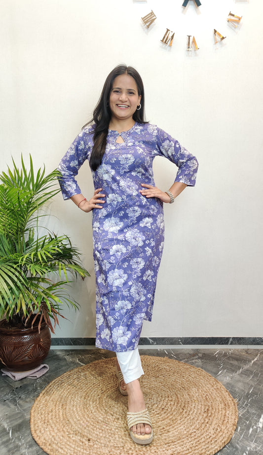 Lavender Floral Mirror Work Cotton Long Kurta