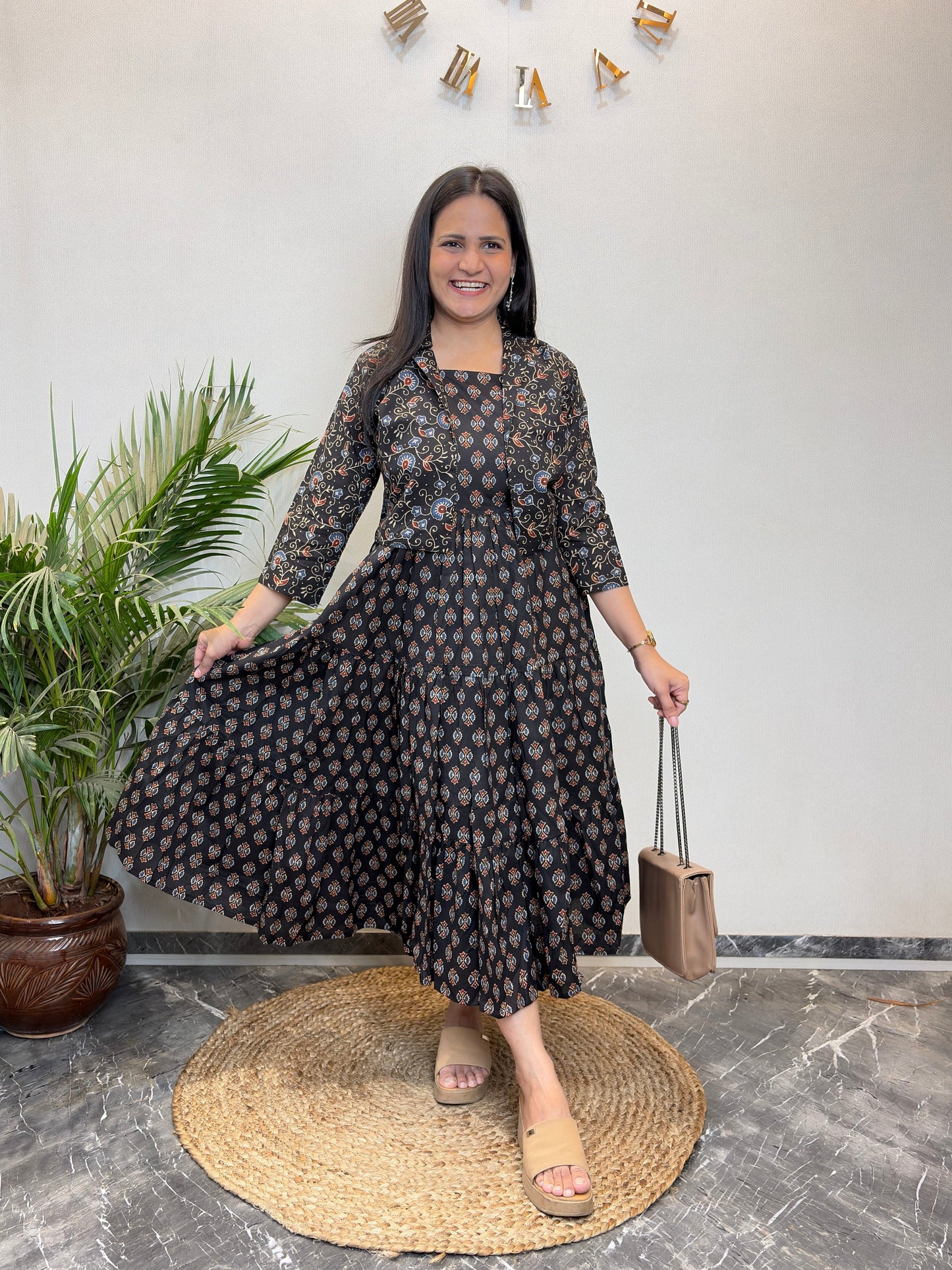 "Layla" Floral Cotton Dress with Printed Jacket