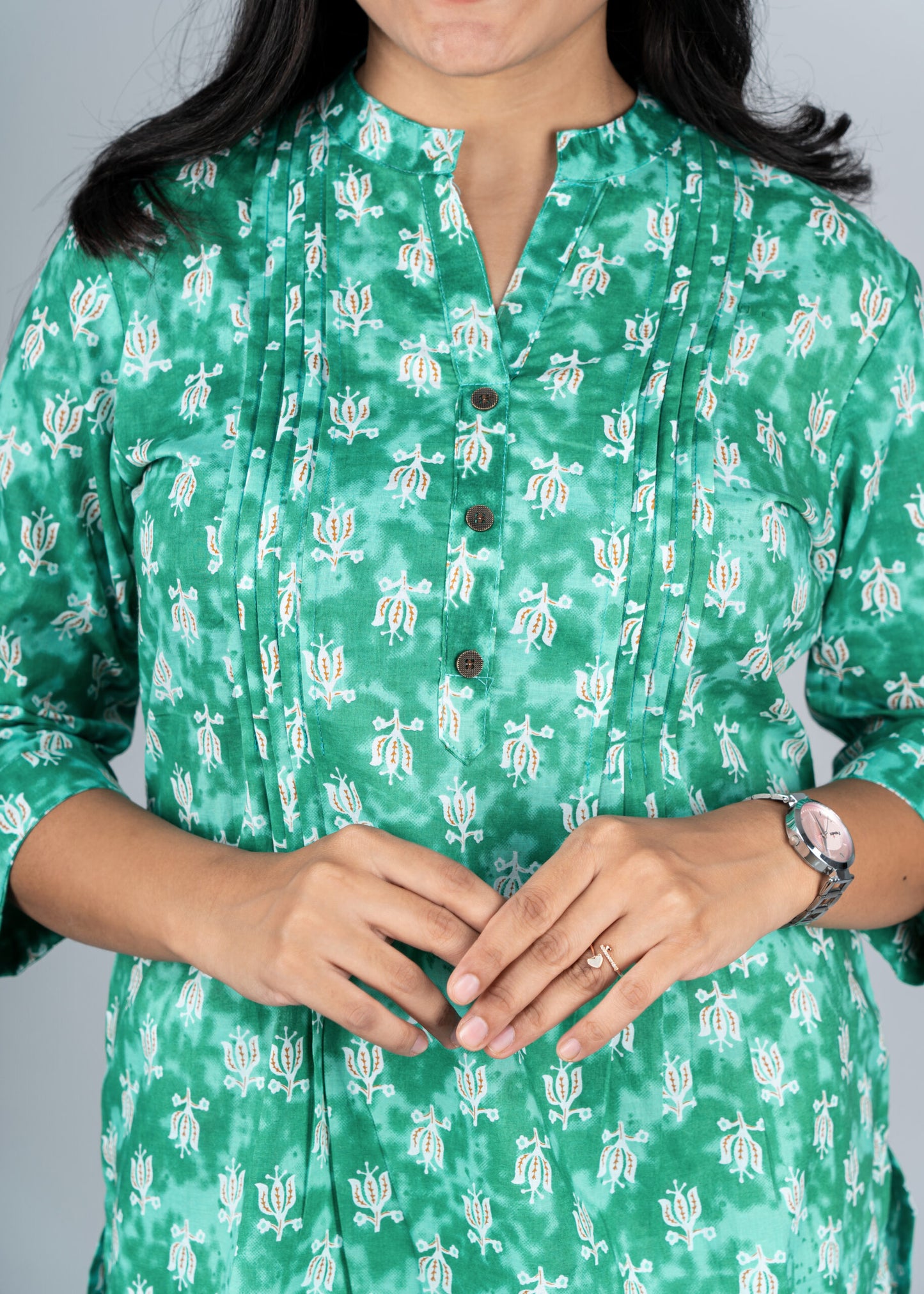 Leaf Green Floral Pintex Short Kurta