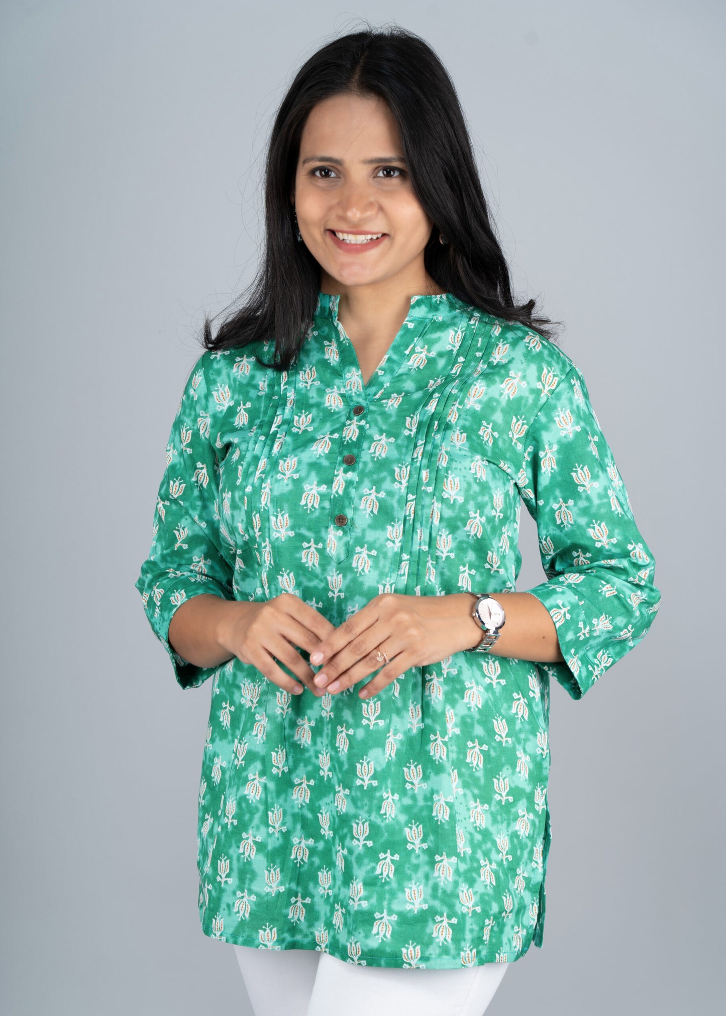 Leaf Green Floral Pintex Short Kurta