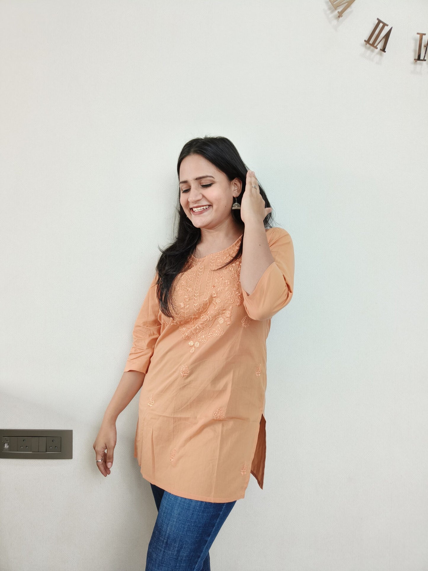 Light Orange Chikankari Short Kurta