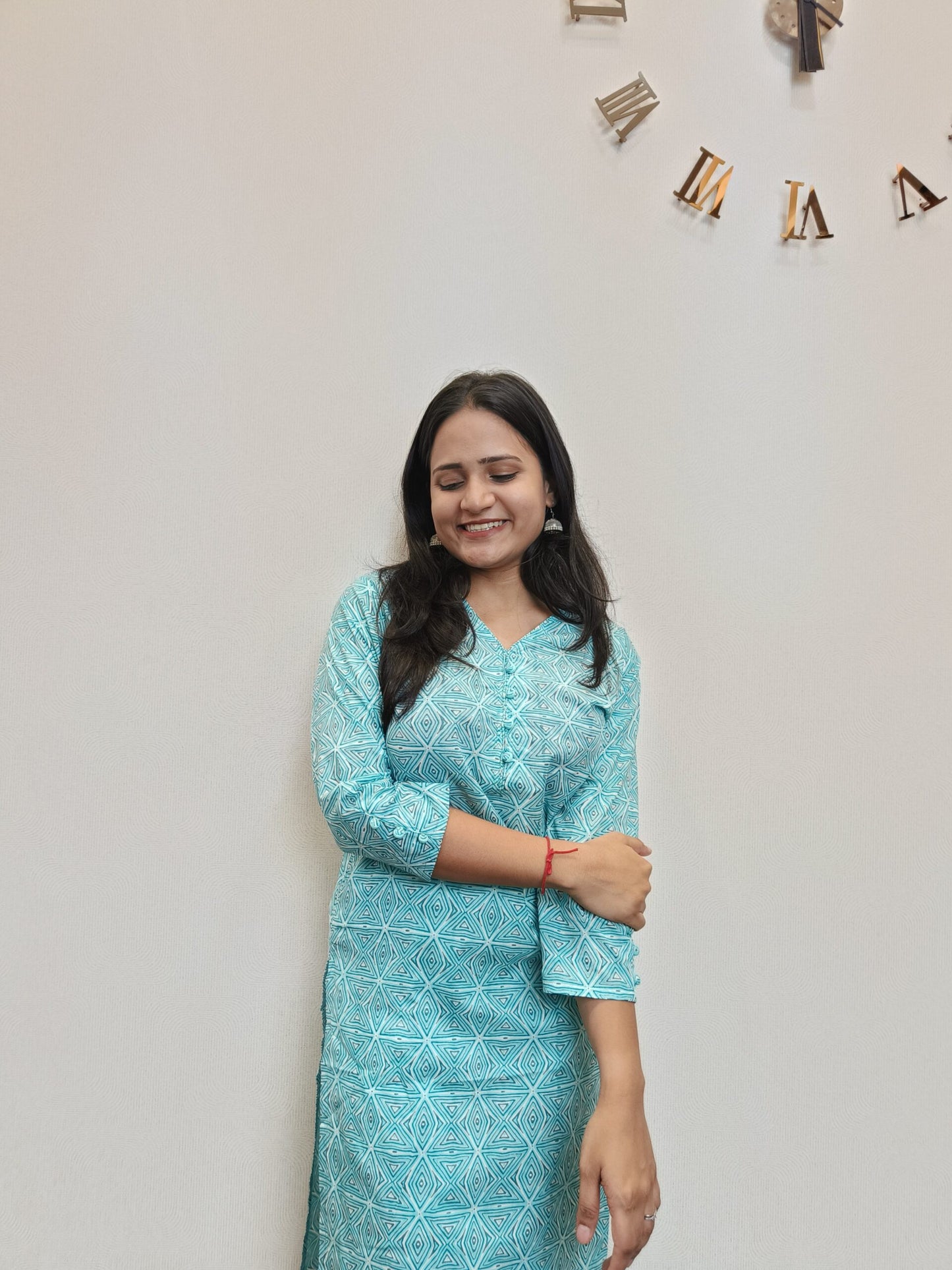 Light blue geometric print long kurta