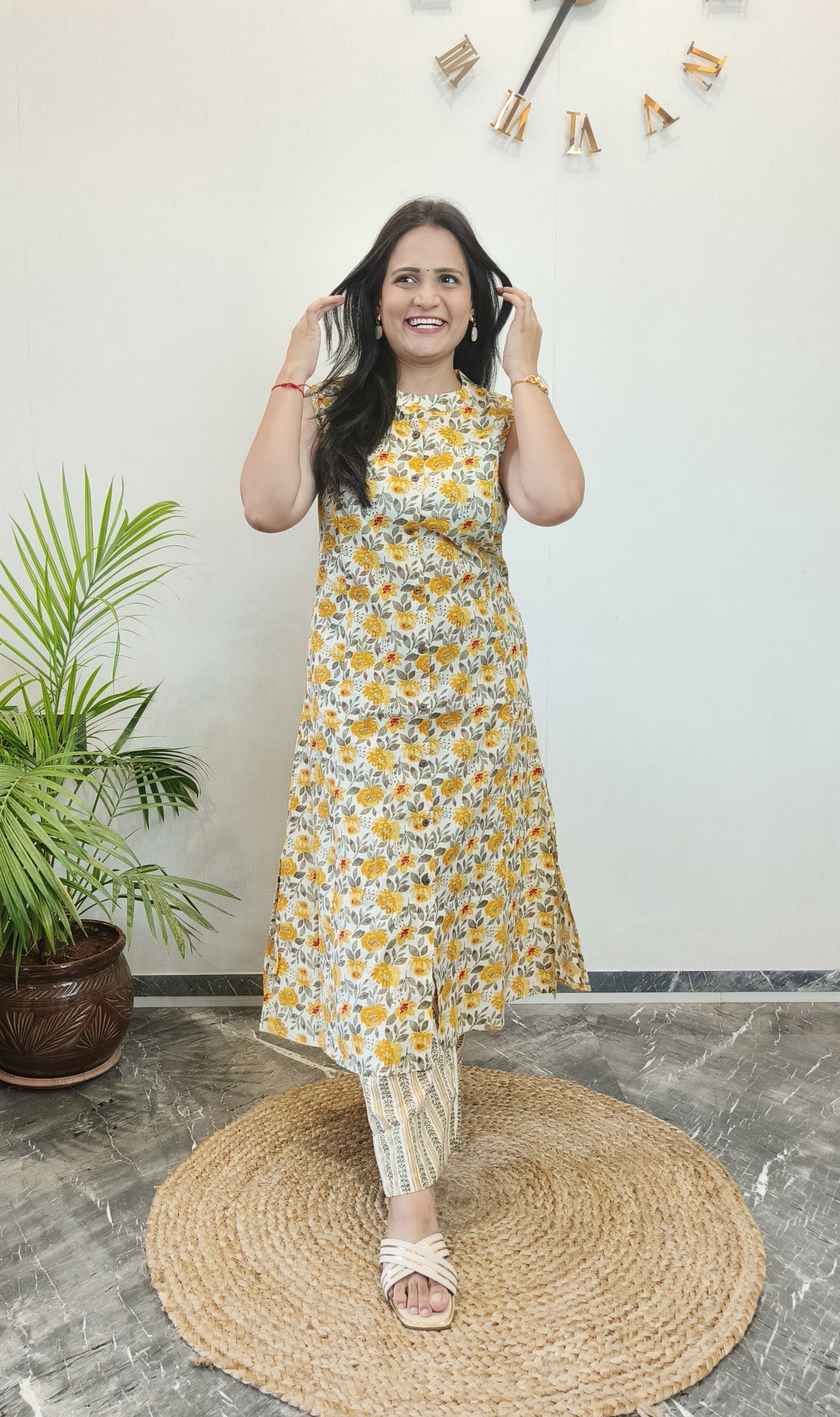 Marigold yellow floral print A-line kurta set